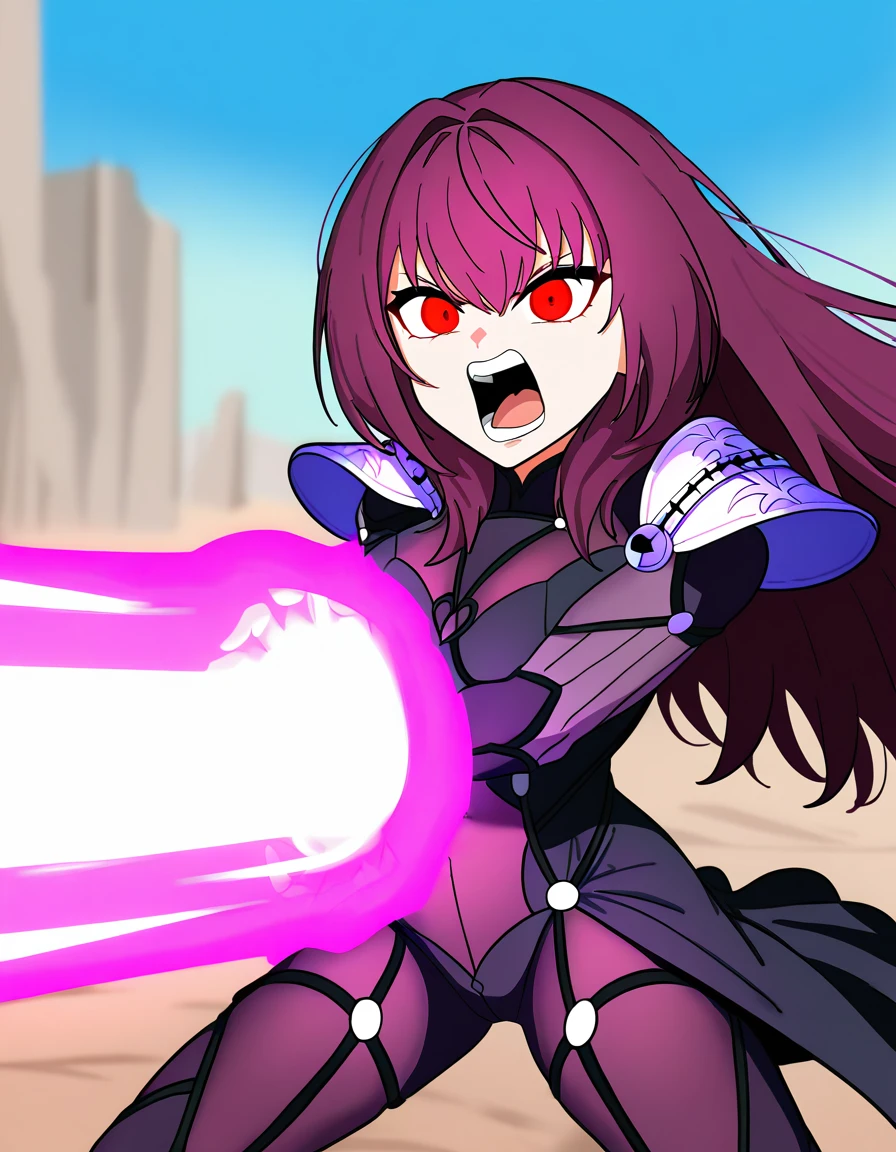 masterpiece, best quality, newest, absurdres, highres, safe,, <lora:scathach-ponyxl-lora-nochekaiser:1>, scathach, long hair, purple hair, red eyes, large breasts,, <lora:kamehameha-illustriousxl-lora-nochekaiser:1>, kamehameha, kamehameha (dragon ball), open mouth, outstrecthed arms, torn clothes, shouting, energy, energy beam, outdoors, wasteland, cowboy shot,