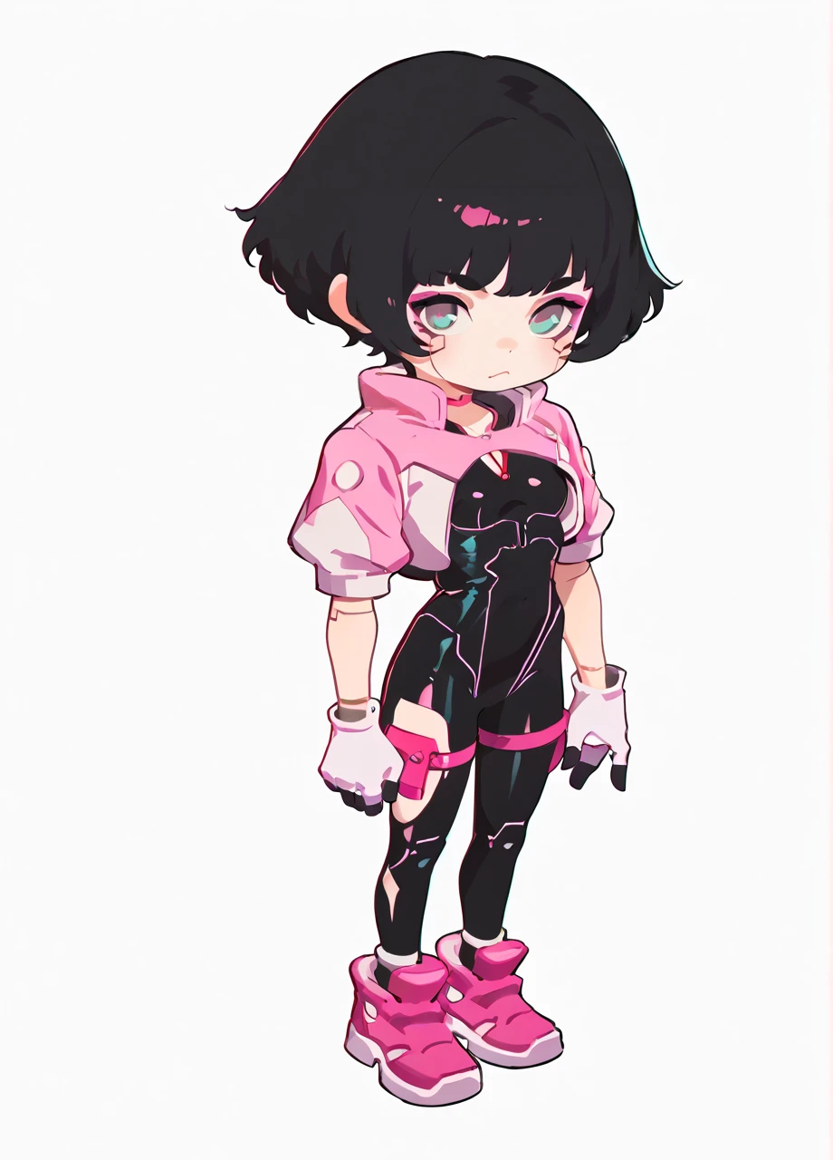 <lora:cpsasha12:0.8> 1girl, solo, cpsasha, black bodysuit, makeup, android, cropped jacket, gloves, short hair, full body, chibi, black hair, pink sneakers, white background, <lora:Style_RizuNM-PONY:0.8> rizunm_style, score_8_up, score_7_up, score_6_up, score_5_up, score_4_up,