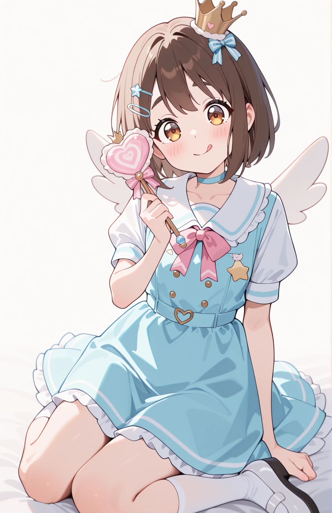 perfect quality,high quality,masterpiece,best quality,amazing quality,very aesthetic,absurdres,Cinematic Lighting,newest,Tactical use of shadow,
1girl,solo,brown hair,short hair,hairclip,hair ornament,brown eyes,HirasawaYuiCYQL,,
crown,wand,tongue,short sleeves,tongue out,holding,white background,bow,heart,mini crown,holding wand,puffy sleeves,candy,frills,puffy short sleeves,wings,heart pink bow,stuffed toy,full body,looking at viewer,white footwear,lollipop,shoes,stuffed animal,food,simple background,skirt,dress,socks,smile,white socks,:q,blush,blue skirt,closed mouth,pastel colors,shirt,choker,white bow,blue bow,blue dress,star (symbol),collarbone,white wings,white shirt,pink bowtie,holding stuffed toy,,
<lora:kon_Illustrious by Cyql:1>,<lora:CUTE2712_Illustrious by Cyql:0.8>,pastel colors,CUTE2712,<lora:NoctFlatStyleIllustrious:0.5>,