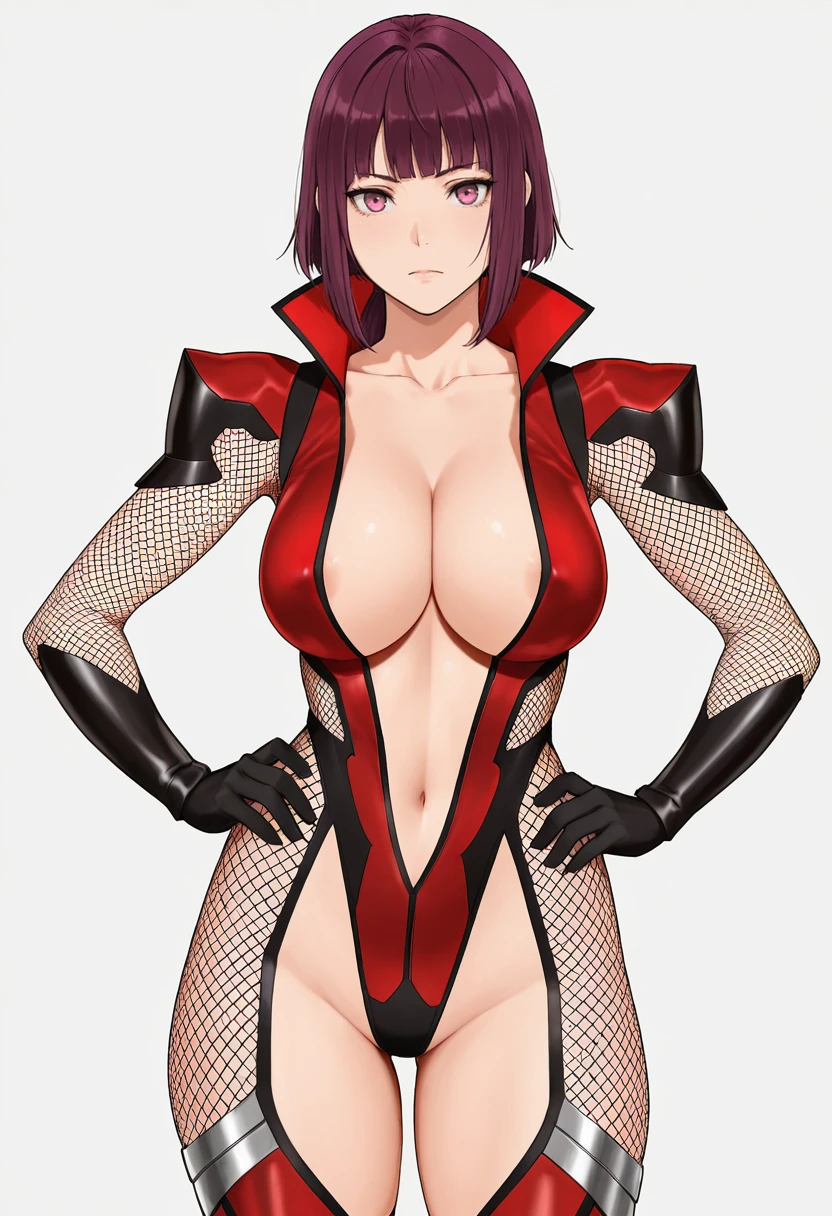 1 girl,NSFW,(((Large machine-made collar 1.5))),  Kyoko Masaki,(Yu-Gi-Oh),AnzuDef,short hair, brown hair, hair ornament, high ponytail, ponytail,huge breasts, clavicle, Glowing purple eyes,absurd, brainwashing,empty eyes, ((No expression,erasure of emotions)), (black shadaloo suit),look away , full body figure,((stand up, salute)), (highest quality、4k、8K、High resolution、must have:1.2)、Super detailed、(reality、reality的なです、reality的な:1.37)、ticker、hyper hd、studio lighting、ultra definition paint、sharp focus、Physically based rendering、extreme details、Professional specifications、vibrancy and color、blurry、sports portrait、landscape、horror style、anime big breast、SF、photograph、concept artist、five fingers, perfect body,  {{{masterpiece}}}, {{{highest quality}}}, {{Super detailed}}, {shape}, {{very delicate and beautiful}},Improved cost performance、all roles、Canon 5D MK4でphotograph、photograph, 