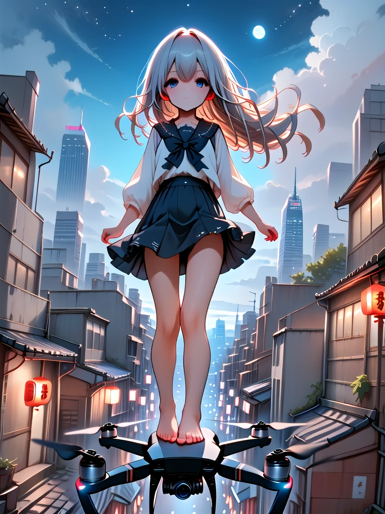 ((standling on aerial drone)), upper body, vanishing point, perspective, milf, 2girls, skirt, barefoot, floating hair, wind, horizon, skyline, scenery, cityscape, looking at viewer, from below, dutch angle, alley, street, storefront, <lora:girllikeaerialdrone:1>