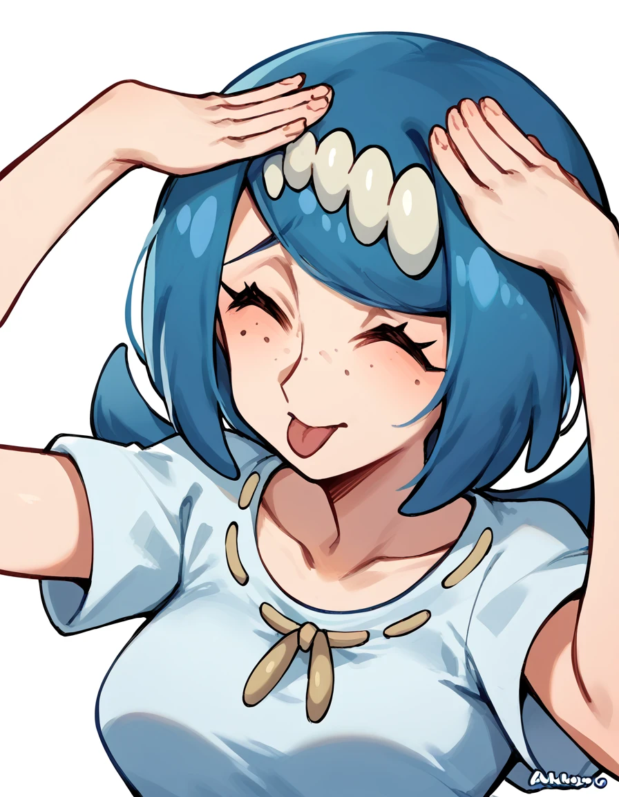 score_9, score_8_up, score_7_up, source_anime, <lora:pokemon-mother-lana-ponyxl-lora-nochekaiser:1> pokemonmotherlana, blue hair, freckles, hair ornament, long hair, swept bangs, bright pupils, medium breasts, <lora:ah-eto-bleh-ponyxl-lora-nochekaiser:1>, ah eto bleh, ah eto... bleh (meme), hands on own head, meme, arms on head, tongue out, closed eyes,, ,
