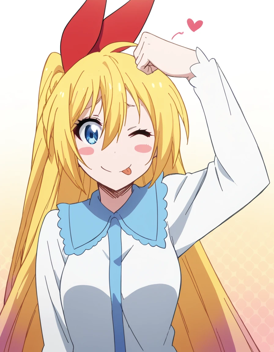 score_9, score_8_up, score_7_up, source_anime, <lora:chitoge-kirisaki-s2-ponyxl-lora-nochekaiser:1>, chitoge kirisaki, long hair, blue eyes, blonde hair, ribbon, hair between eyes, very long hair, hair ribbon, multicolored hair, red ribbon, gradient hair, medium breasts, <lora:dojikko-pose-ponyxl-lora-nochekaiser:1>, dojikko pose, blush, heart, blush stickers, smile, tongue out, arm up, looking at viewer, one eye closed, ,