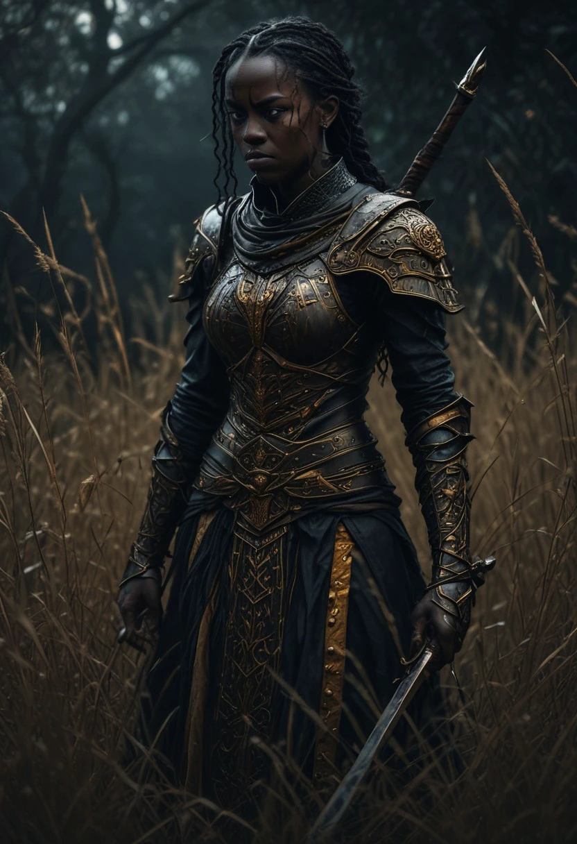 A hyper-realistic digital portrait of a dark-skinned female elf standing poised in a powerful Wing Chun stance amidst a dark, mystical reed-filled landscape, reminiscent of Ashley Wood's eerie and mystical art style. The reeds sway ominously in the background, as if sensing her impending movement, set against a subtle Dutch angle distortion of 20%. Her muscles are tense and coiled, ready to strike, casting a sense of foreboding and anticipation in this haunting and atmospheric scene. She is dressed in pauldrons and chainmail armor with a pleated gladiator kilt, adorned with intricate floral patterns in muted magenta, orange-gold and blue. Her sword, featuring a black hilt and a wide, chopping blade, is intricately engraved with symmetrical orange-gold designs that harmonize with the ornate patterns of her attire, emphasizing her poised yet lethal aura. The diffused lighting softly illuminates every detail, HD, 8K quality, ultra-detailed, masterpiece artwork, flawless anatomy.