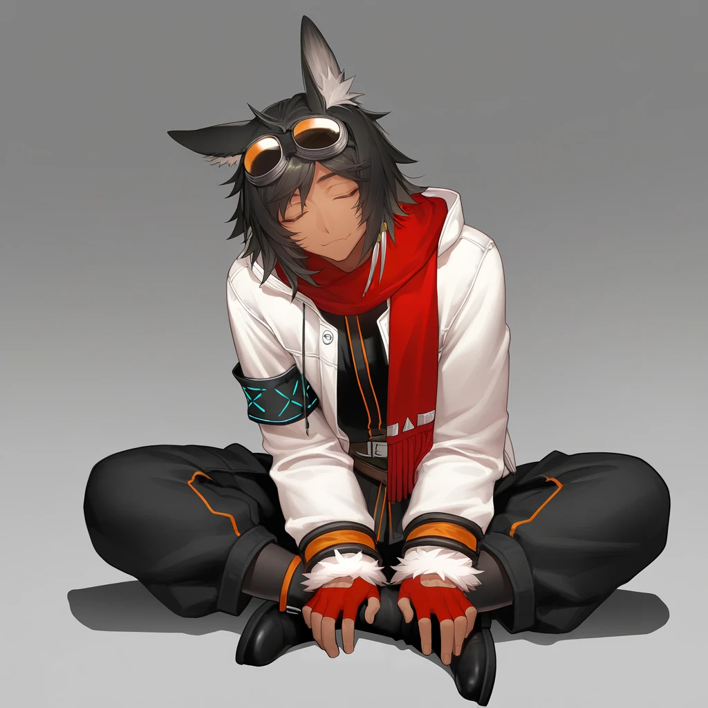 1boy, solo, courier \(arknights\), courierelit1, (mature male:1.3), deer ears, animal ear fluff, medium hair, dark hair, closed eyes, tooth hair ornament, tanned skin, skin fang, (ybb:1.2), (krenz, quuni, mebaru:0.8), nyalia, simple background, full body, sitting, arched back, on floor, facing up, hands on floor, :3, light smile, red scarf, fringe trim, single armband, goggles on head, orange goggles, welding goggles, red gloves, fingerless gloves, pocket, white jacket, open jacket, long sleeves, fur-trimmed sleeves, orange sleeve cuffs, drawstring, black track suit, crossed belt, utility belt, baggy pants, black pants, (covered calf, black leggings:1.2), black boots, calf boots, zipper, orange trim, perfect face, perfect eyes, masterpiece, best quality, newest, absurdres, highres, uncensored, <lora:nyalia:0.4>, <lora:DetailedEyes_xl_V2:1>, <lora:add-detail-xl:2>, <lora:CourierArknights E1 2.0:0.8>,