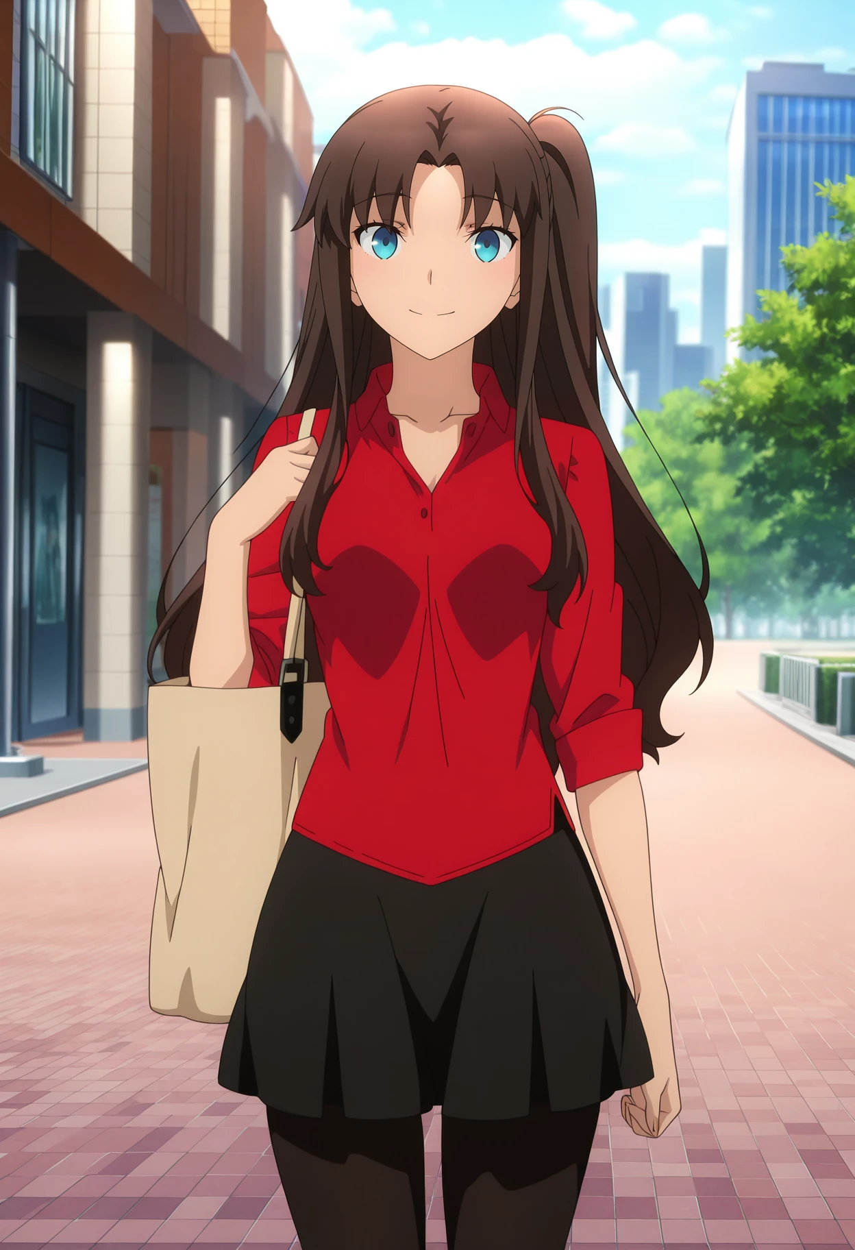 anime screencap, masterpiece, best quality,
<lora:FateStayNightUBW_TohsakaRin_IlluXL:0.9>,
1girl, solo, closed mouth, smile,
brown hair, alternate hairstyle, one side up, long hair, sidelocks, parted bangs, blue eyes,
RinUniversity, red shirt, collared shirt, open collar, black skirt, black pantyhose, tote bag,
looking at viewer, standing, cowboy shot,
outdoors, building, park