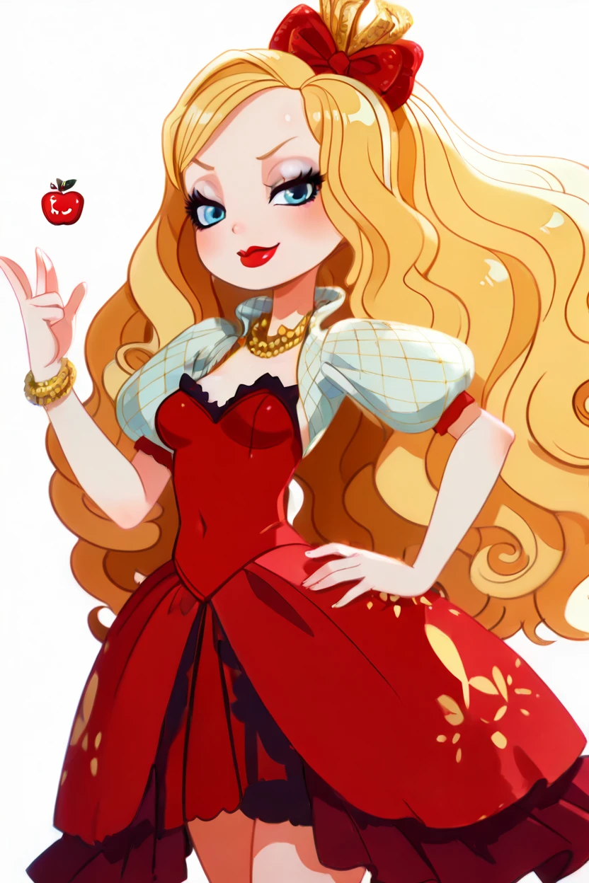 masterpiece, best quality, curvy, beautiful eyes, zzAppleW, blue eyes, blonde hair, curly hair, wavy hair, long hair, jewelry, makeup, lipstick, red lips, necklace, red dress, bow, puffy sleeves, <lora:AppleWhiteEAHIXL:1.0>, cowboy shot, hand on hip, smug, smile, looking at viewer, shiny skin,<lora:HaradaTakehitoIXL_v3:1.3>, <lora:ZankuroIXLLight_v2:0.6>,