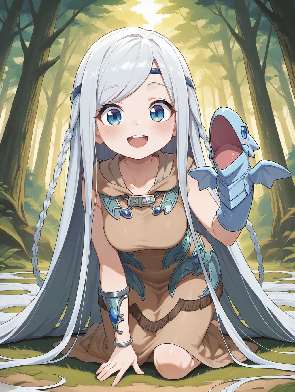 maiden with eyes of blue, 1girl, dragon, chibi, solo, open mouth, smile, brown dress, kneeling, forest, absurdly long hair, looking at viewer, blush, blue circlet, puppet gloves, silver bracelet
masterpiece,best quality,amazing quality,very aesthetic,absurdres,newest, <lora:Maiden with Eyes of Blue illuXL v1.11:0.7>