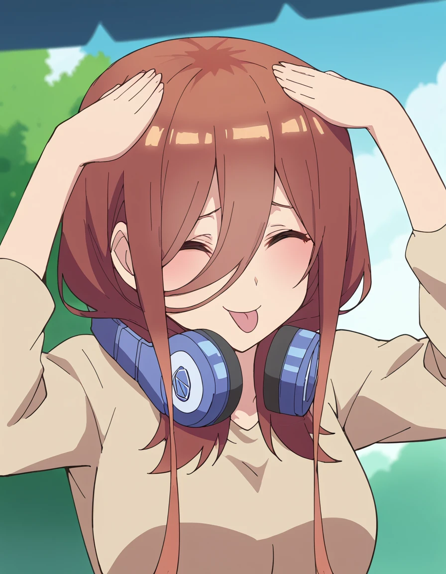 score_9, score_8_up, score_7_up, source_anime, <lora:miku-nakano-s2-ponyxl-lora-nochekaiser:1>, miku nakano, long hair, bangs, brown hair, headphones, headphones around neck, large breasts, anime screencap, <lora:ah-eto-bleh-ponyxl-lora-nochekaiser:1>, ah eto bleh, ah eto... bleh (meme), hands on own head, meme, arms on head, tongue out, closed eyes,, ,