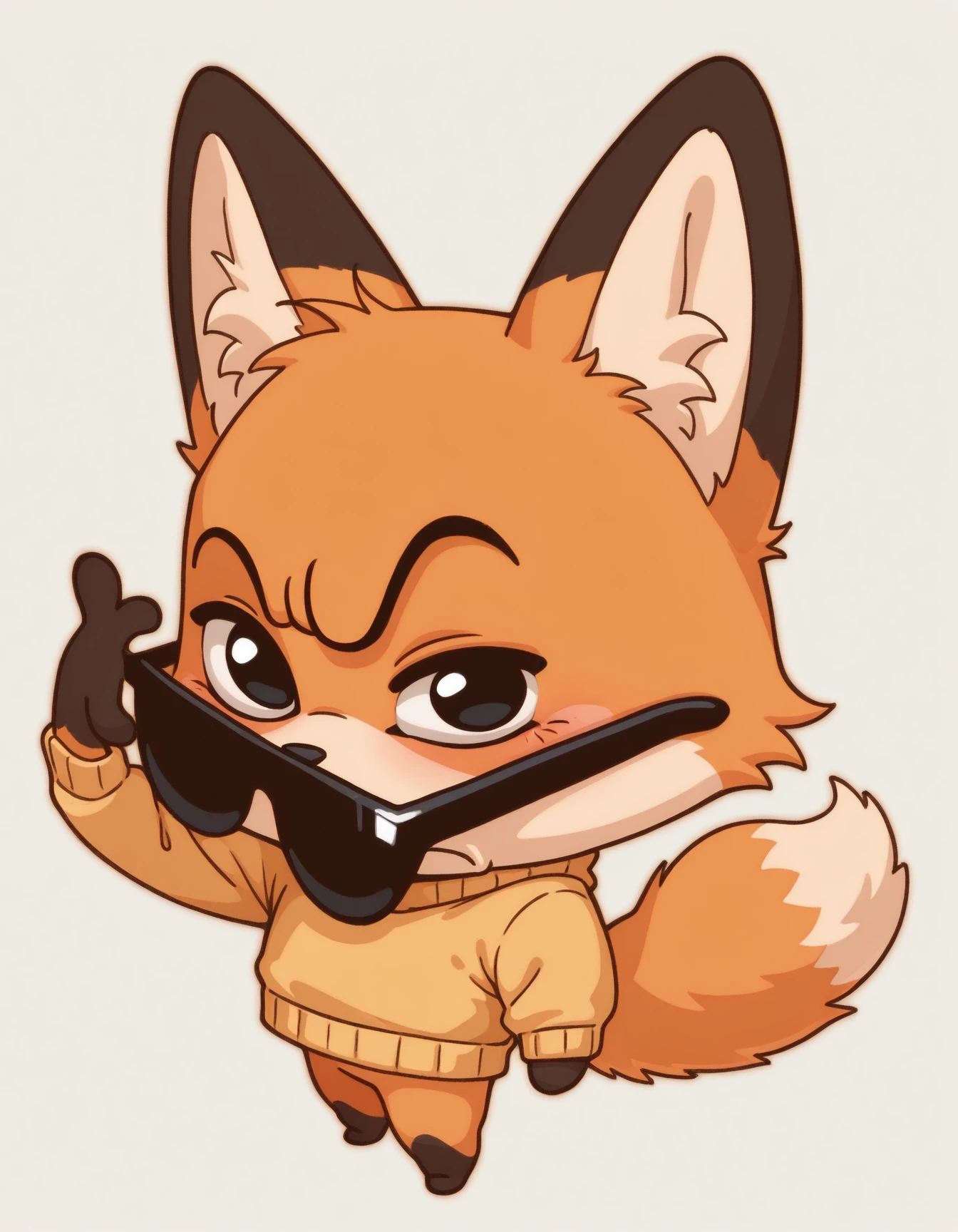 masterpiece, best quality, solo
chibi, fox, orange fur, black eyes, mikus-concept, sunglasses, standing, confident pose, raised eyebrow,yellow sweater
<lora:Luna-vkst1ckrs_il:0.9>
<lora:sus-guy-il:1>