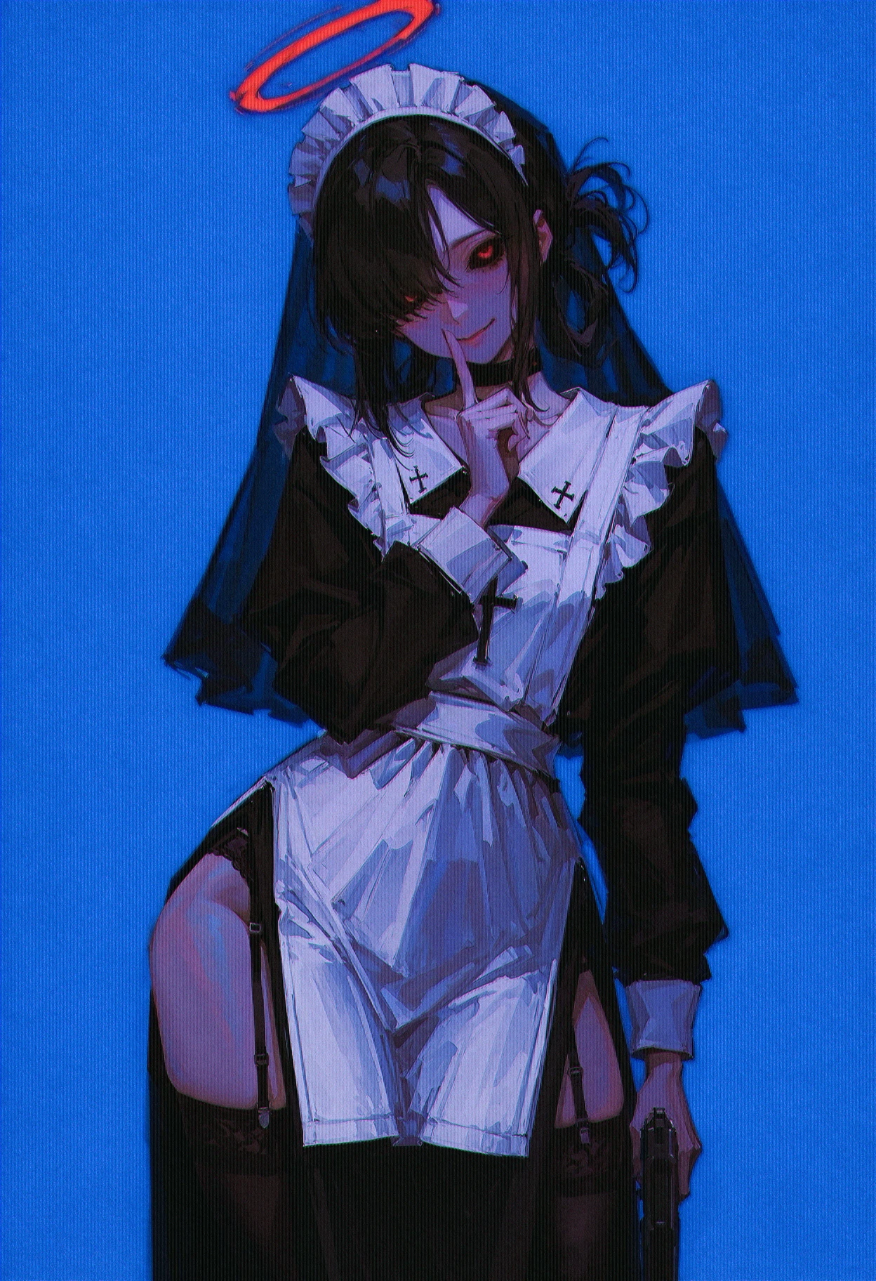 yoneyama mai, lm7 \(op-center\), 96yottea,   realistic, sketch, newest, very awa, masterpiece, highres, absurdres, year 2024, year 2023,
cinematic, head tilt, black veil, wide smile, closed mouth, 
close up,  shushing,  (contrapposto:1.1), red (halo behind head:1.2), glowing halo, holding gun,
(anorexic:1.1), (skinny:1.1), garter straps, thighhighs, cross, (looking at viewer:1.2), parted lips, standing, black choker,  red eye, black sclera, hair over one eye, hair rings, white apron, maid headdress, long sleeves, 1girl, maid, wide hips, thick thighs,
(blue background:1.1), simple background, 
<lora:YTSKX:0.7> <lora:USNR STYLE_XL_lokr:0.35>  usnr, <lora:NOOB_vp1_detailer_by_volnovik_v1:1> <lora:ponyv6_noobV1_1_adamW:0.3> <lora:spo:1>