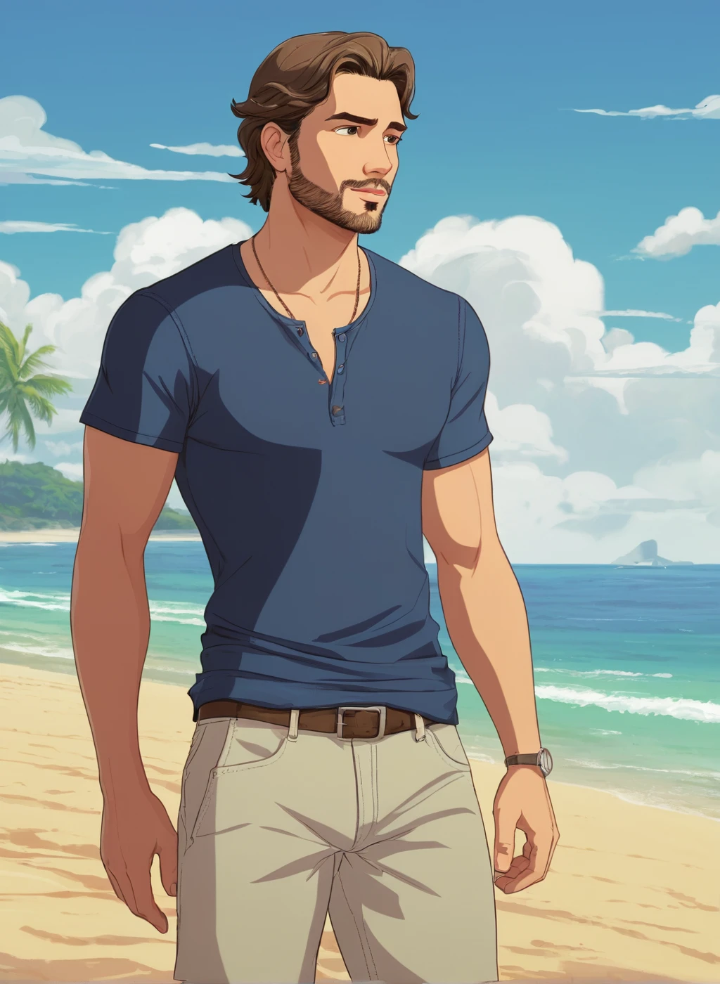 score_9,score_8_up,score_7_up, handsome caucasian man on the beach, cartoon, anime, digital illustration, concept art,