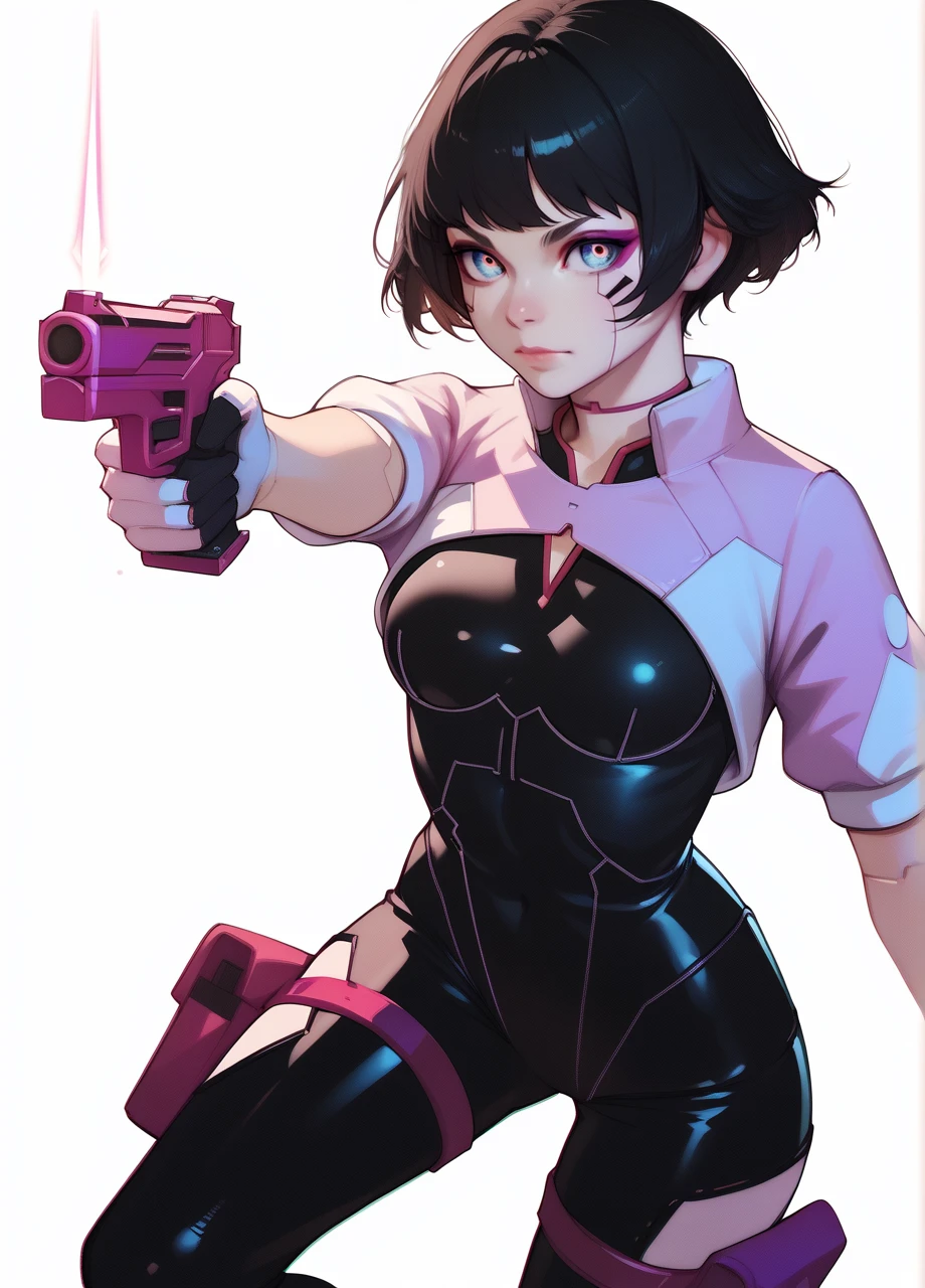 <lora:CPER_Sasha-PONY:0.8> 1girl, solo, cpsasha, black bodysuit, thigh holster, makeup, android, cropped jacket, gloves, short hair, black hair, multicolored eyes, handgun, aiming, white background, score_8_up, score_7_up, score_6_up, score_5_up, score_4_up,
