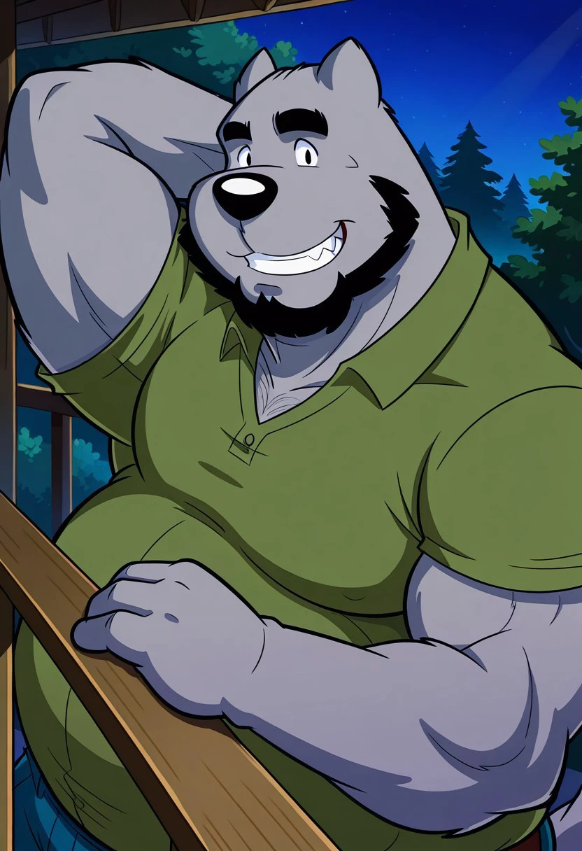 solo, 1boy, detail background, cartoon, 2d, male, anthro wolf, gray body/fur, black eyes, short ears, thick black eyebrows, black beard, plump, fat, big belly, sharp teeth, thick arms, tail, green shirt, blue jeans, cozy atmosphere, shadows, hand behind head, smile, looking at viewer, detail lighting, outside, trees, forest view, leaning against balcony, upper body, close up, night