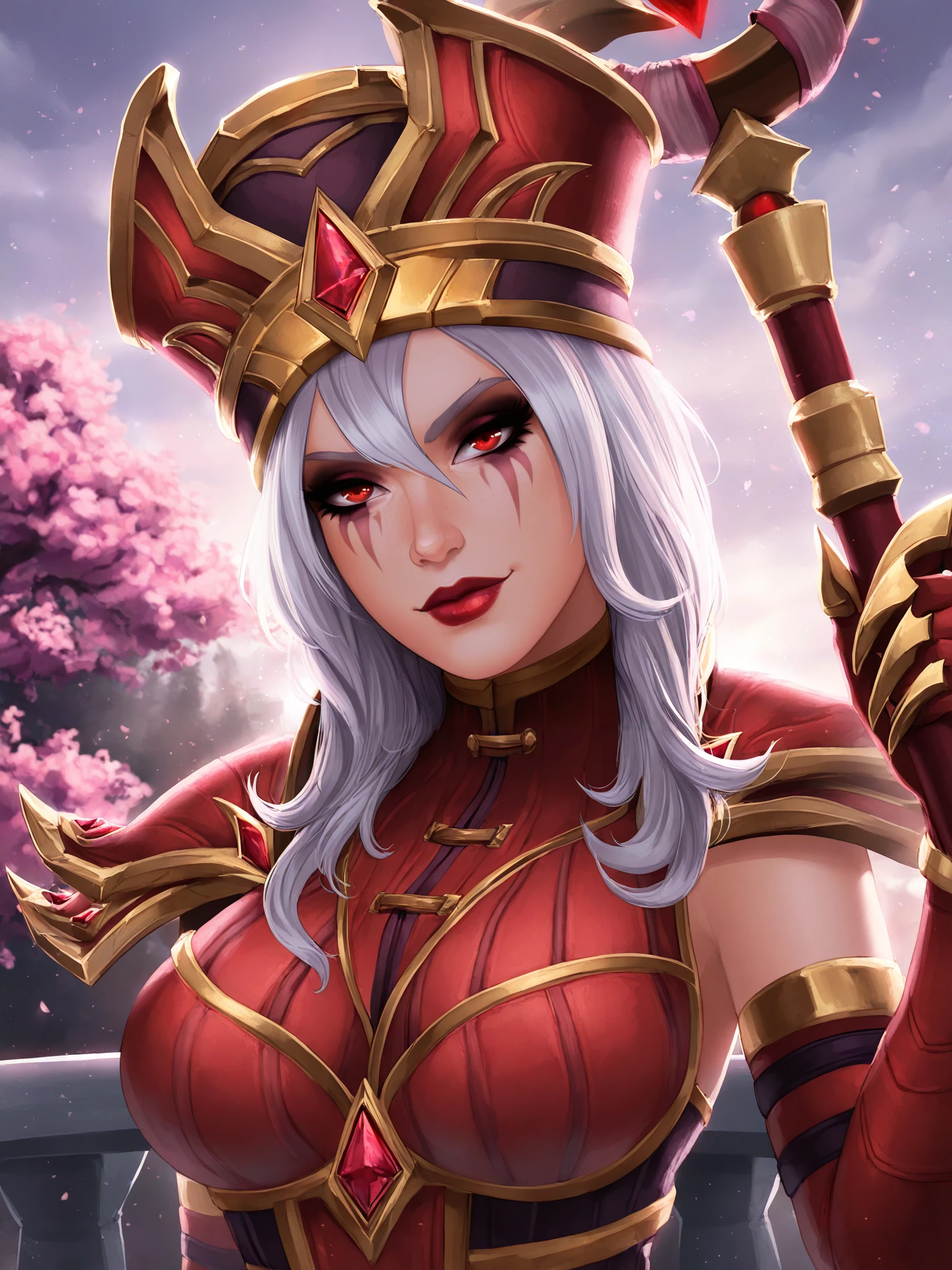 masterpiece, good quality, best quality, very awa, very as2, epic, cinematic, bloom, sunlight, sidelighting, detailed, world of warcraft,
Sally Whitemane, holding staff, standing, holy magic aura, light particles, scenery, blossoms, hand up, yellow magic, (close-up, portrait:1.2), (sciamano240:0.3), 
1girl, mature female, solo,
looking at viewer, confident, smug, half-closed eyes,
white hair, red eyes, makeup, lipstick, red lips,
hat, shoulder armor, high collar, multiple cloaks, cloaks, two-tone leotard, elbow gloves, 
large breasts,
outdoors, sky, on balcony, dark forest background, mountains background,
<lora:Sally Whitemane3216NoobAI-VpredMinSNR:1> 5 fingers