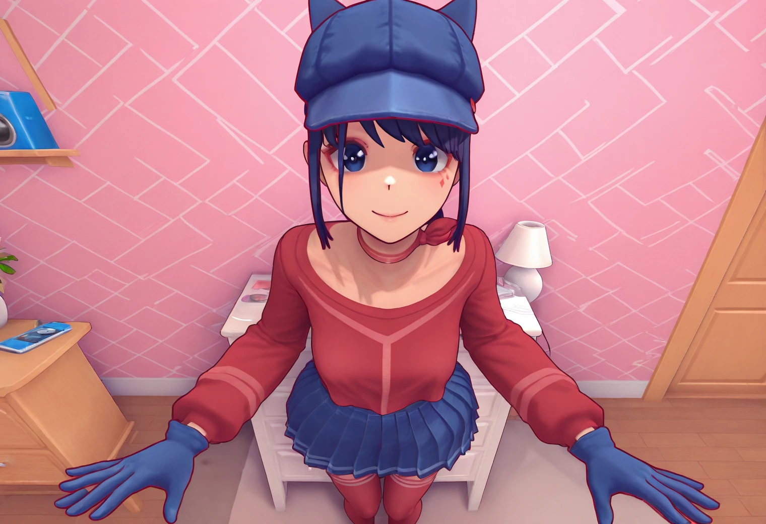 CoolMita, 1girl, 3d, blue hat, blue gloves, ponytail, red shirt, blue pleated skirt, red thighhighs, thighhighs , furniture, windows, blue eyes, masterpiece, best quality, 8k, high resolution, aesthetically pleasing, dark hair, smile, <lora:Mita-MiSide-4-4-Illustrious-Test11:1>