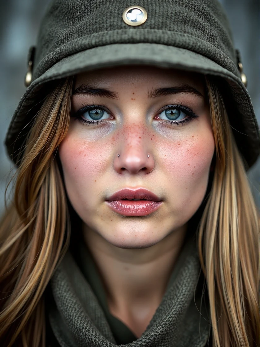 <lora:Jennifer_Lawrence_Ca2011:1> woman <lora:zz_s_Fluxartis:0.5> A highly detailed cinematic photography, looking directly at the viewer, looking directly at the camera, making eye contact, looking straight ahead, modest clothes, modest apparel, chest covered, modesty <lora:zz_s_Chest_Size_Slider:-2>, extreme close-up, zoomed, focus on face, centered, macro shot, face centered, focus on eyes, an extremely charismatic and captivating smile, world war ii, soldier, work camp guard, stern face, world war ii german uniform, red and black insignia, holding a rifleâââ