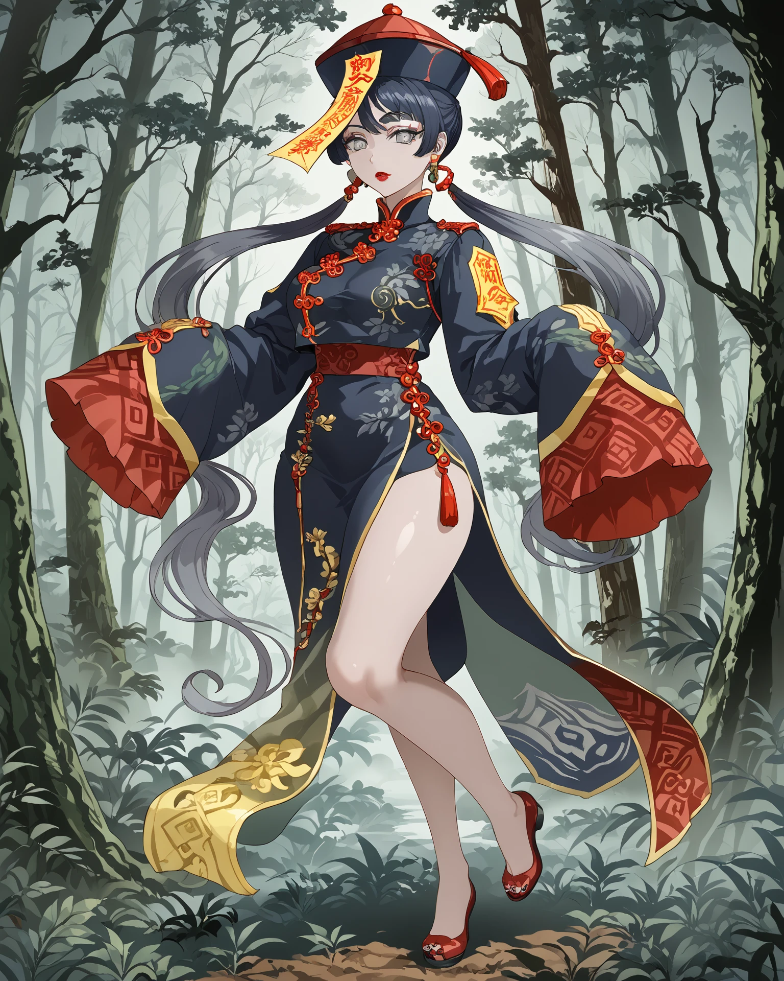 1girl, jiangshi, full body, standing on one leg, grey eyes, ringed eyes, navy hair, red nailpolish, eerie forest, extremely detailed clothing, jewelry, masterpiece, absurdres, extremely detailed, digital art, score_9, score_8_up, score_7_up,  <lora:Jiangshi_Pony:1>,   <lora:[pony]Sunagawa Tara:1> sunagawa tara