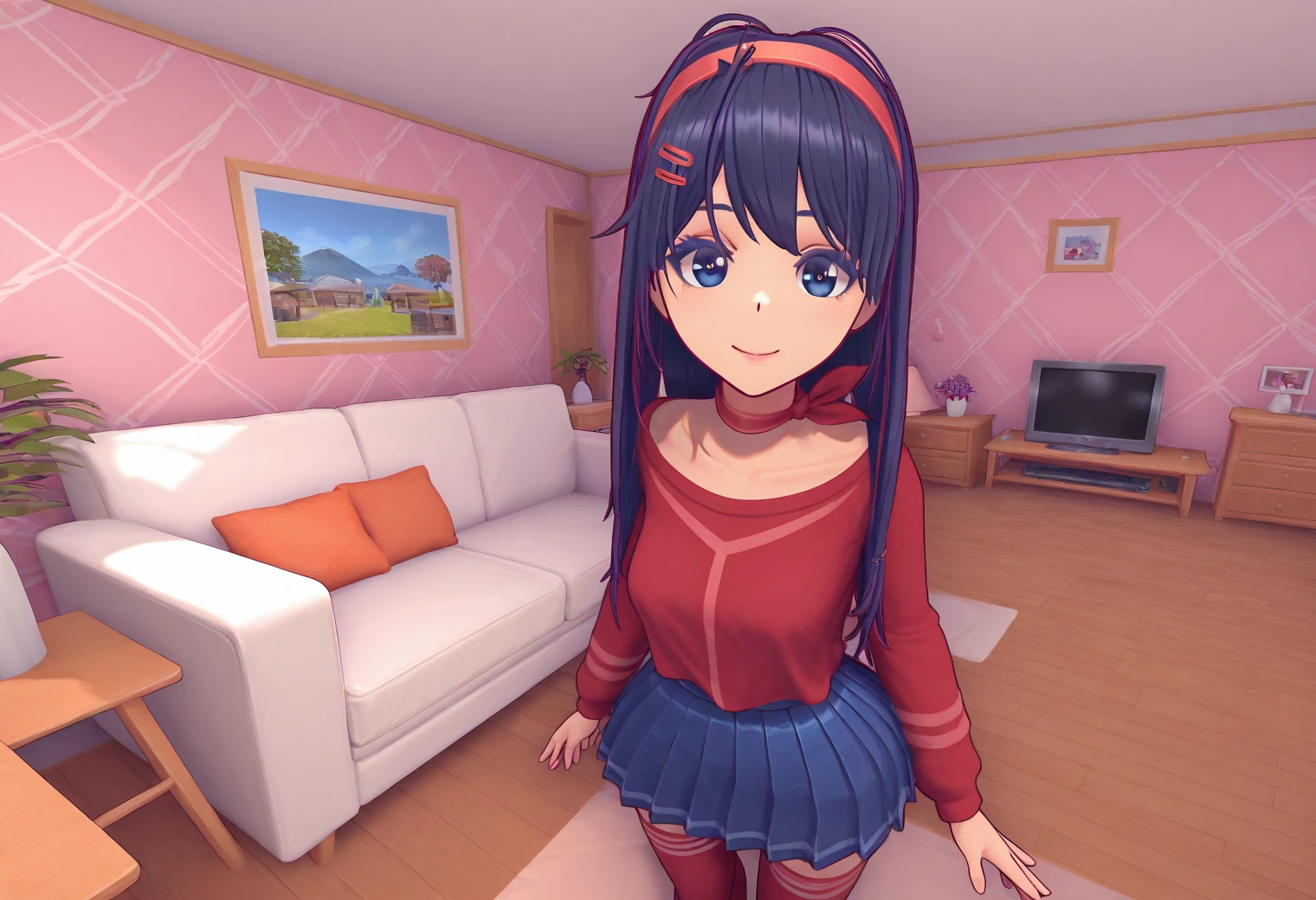 KindMita, 1girl, 3d, long hair, hair ornament, hairband, red shirt, blue pleated skirt, red thighhighs, thighhighs , furniture, living room , blue eyes, masterpiece, best quality, 8k, high resolution, aesthetically pleasing, dark hair, smile, <lora:Mita-MiSide-4-4-Illustrious-Test11:1>