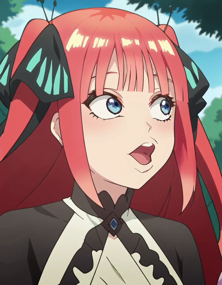 score_9, score_8_up, score_7_up, source_anime, <lora:nnakano-s2-ponyxl-lora-nochekaiser:1>, long hair, bangs, blue eyes, hair ornament, hair ribbon, pink hair, blunt bangs, two side up, butterfly hair ornament, large breasts, anime screencap, <lora:pogchamp-ponyxl-lora-nochekaiser:1>, pogchamp, pogchamp (meme), open mouth, looking to the side, ,