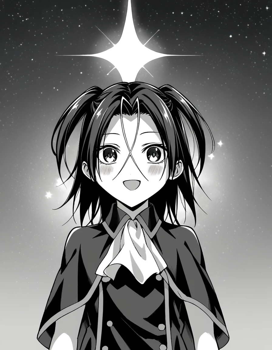 score_9, score_8_up, score_7_up, source_anime, <lora:akua-shuzen-manga-ponyxl-lora-nochekaiser:1>, akua shuzen, monochrome, greyscale, medium hair, twintails, parted bangs, hair between eyes,, dress, ascot, capelet, black dress, black skirt, white ascot,, bell tower, bells, height, church, ring, smile, <lora:space-cat-ponyxl-lora-nochekaiser:1> space cat, space cat (meme), galaxy, meme, space, galaxy background, universe, nebula, star (sky), blank stare, looking up, open mouth, blush, cowboy shot, looking at viewer, solo,, cowboy shot, solo