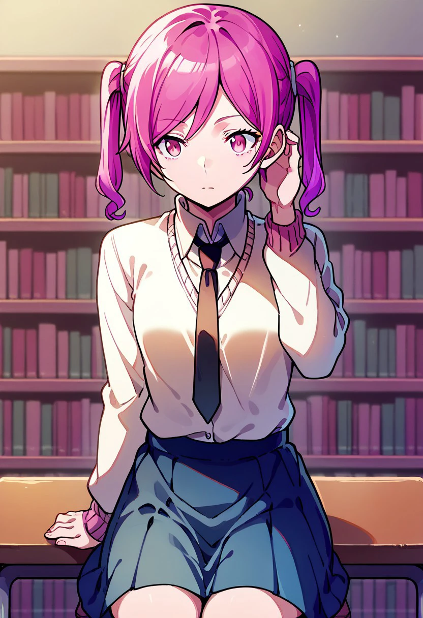 score_9, score_8_up, score_7_up, source_anime, Akiho_Rindou, pink hair, twintails, pink eyes, school girl, white shirt, tie, sweater, skirt, sitting in library, adjusting hair, dynamic shot, high quality, cowboy shot,