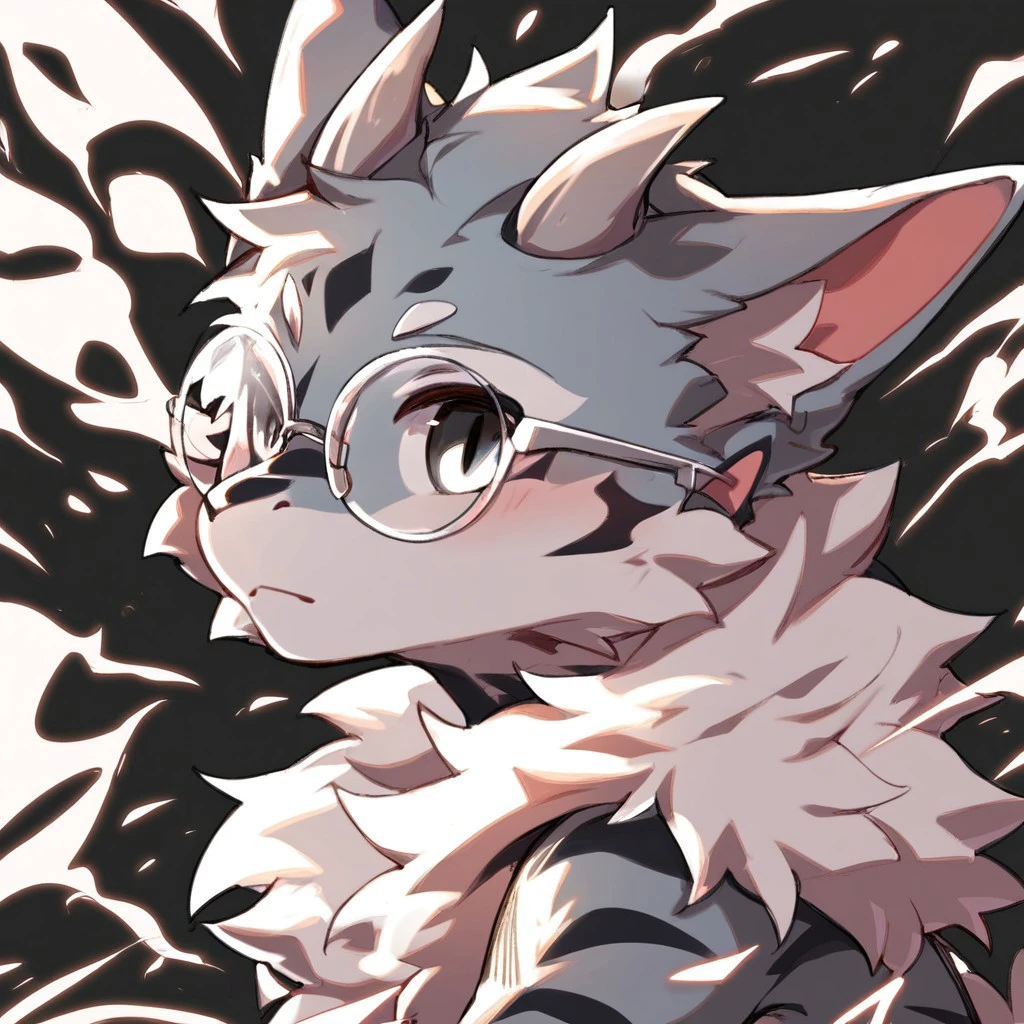 score_9_up, score_8_up, score_7_up, 1boy, dragon tail, animal ears, dragon ears black eyes, animal tail, dragon tail, fluffy, furry, closed mouth, black nose, half of the body, black head, white around the mouth, black tips of the ears, gray horns, round black glasses, one ring in the ear, gray, Black neck fluff, black in color, small black stripes on the arms, white in the abdomen, black background with light(mid riff:0.8),<lora:Smooth Anime Style LoRA XL:1> <lora:Typh_mimi_model>,perfect quality