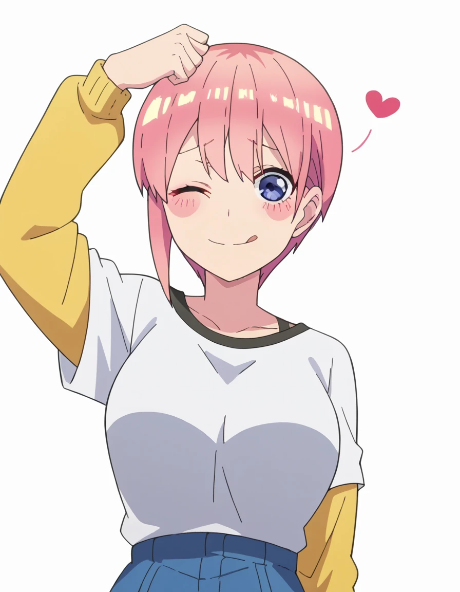 score_9, score_8_up, score_7_up, source_anime, <lora:ichika-nakano-s2-ponyxl-lora-nochekaiser:1>, ichika nakano, short hair, bangs, blue eyes, hair between eyes, pink hair, pixie cut, large breasts, anime screencap, <lora:dojikko-pose-ponyxl-lora-nochekaiser:1>, dojikko pose, blush, heart, blush stickers, smile, tongue out, arm up, looking at viewer, one eye closed, ,