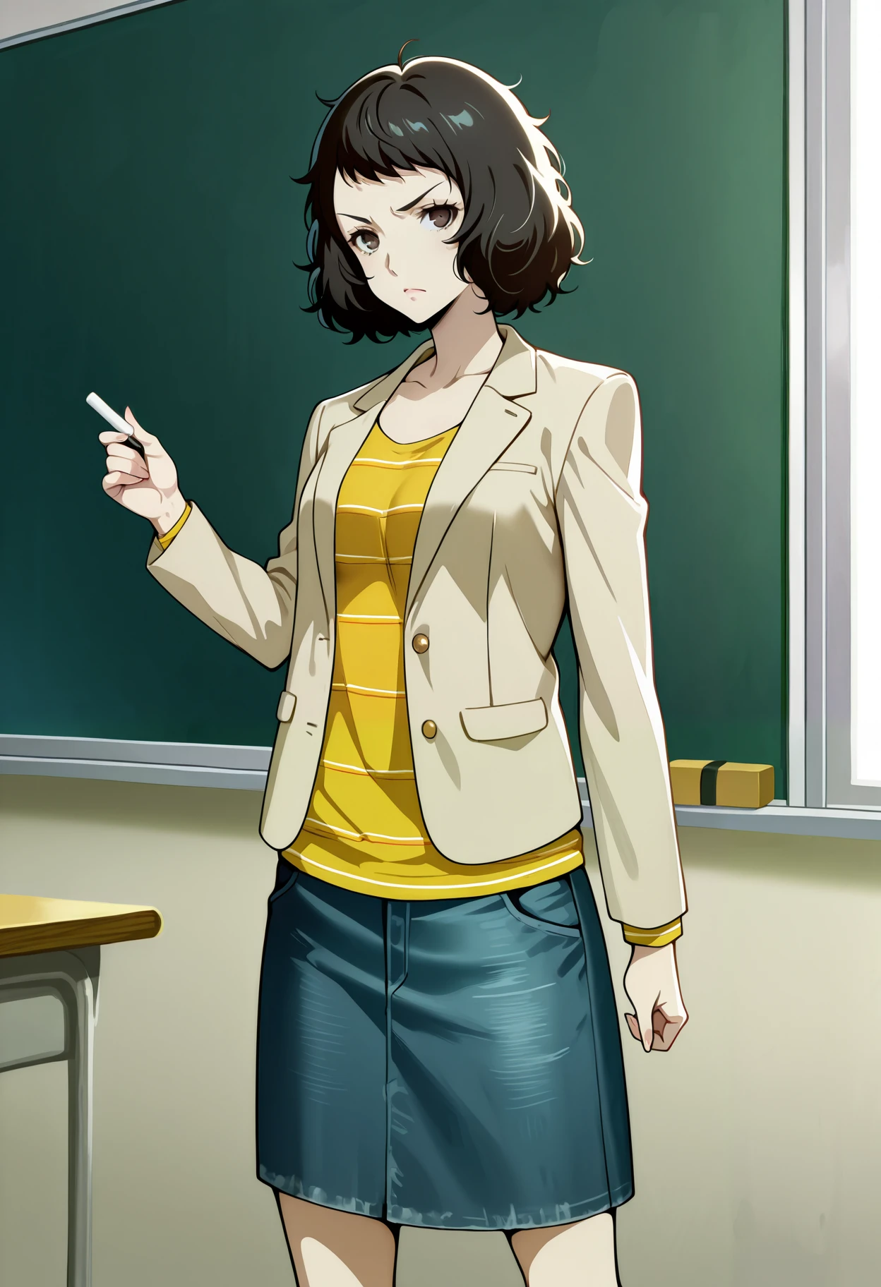 1 girl, solo, cute face,
p5kawakami, short hair, black hair,
p5kawakami-reg, striped yellow shirt, untucked shirt, long sleeves, knee length skirt, denim skirt, beige jacket,
classroom, standing, looking at viewer, annoyed, holding chalk,