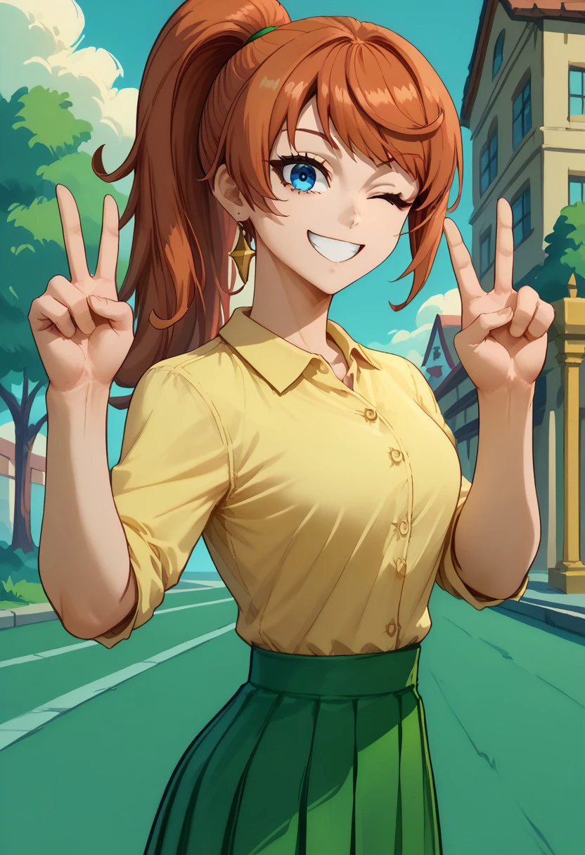 solo, 1girl, anna_taktop, red hair, ponytail, blue eyes, absurdres, 4kres, score_7_and_higher, masterpiece, high quality, good eyes, good hands, yellow shirt, green skirt, smile, tounge out, wink, outside, looking at viewer, peace sign, side view, high quality, freebos_smoothiestyle,