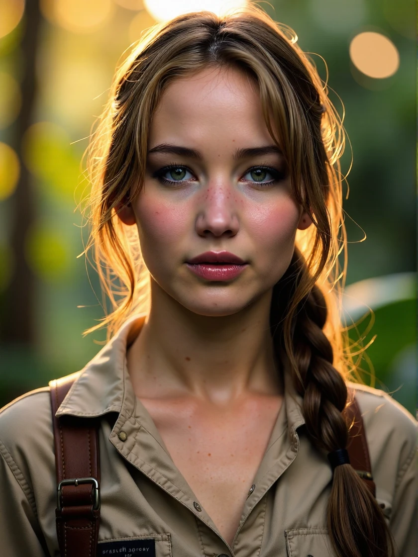 <lora:Jennifer_Lawrence_Ca2011:1> woman <lora:zz_s_Fluxartis:0.5> A highly detailed cinematic photography, looking directly at the viewer, looking directly at the camera, making eye contact, looking straight ahead, modest clothes, modest apparel, chest covered, modesty <lora:zz_s_Chest_Size_Slider:-2>, extreme close-up, zoomed, focus on face, centered, macro shot, face centered, focus on eyes, an extremely charismatic and captivating smile, smiling, extreme close-up, standing in rainforest ruins, wearing a safari shirt and vest, gun, holding a bullwhip, golden hour, god rays, lighting effects, smoke effects, smokey air, misty airâââ