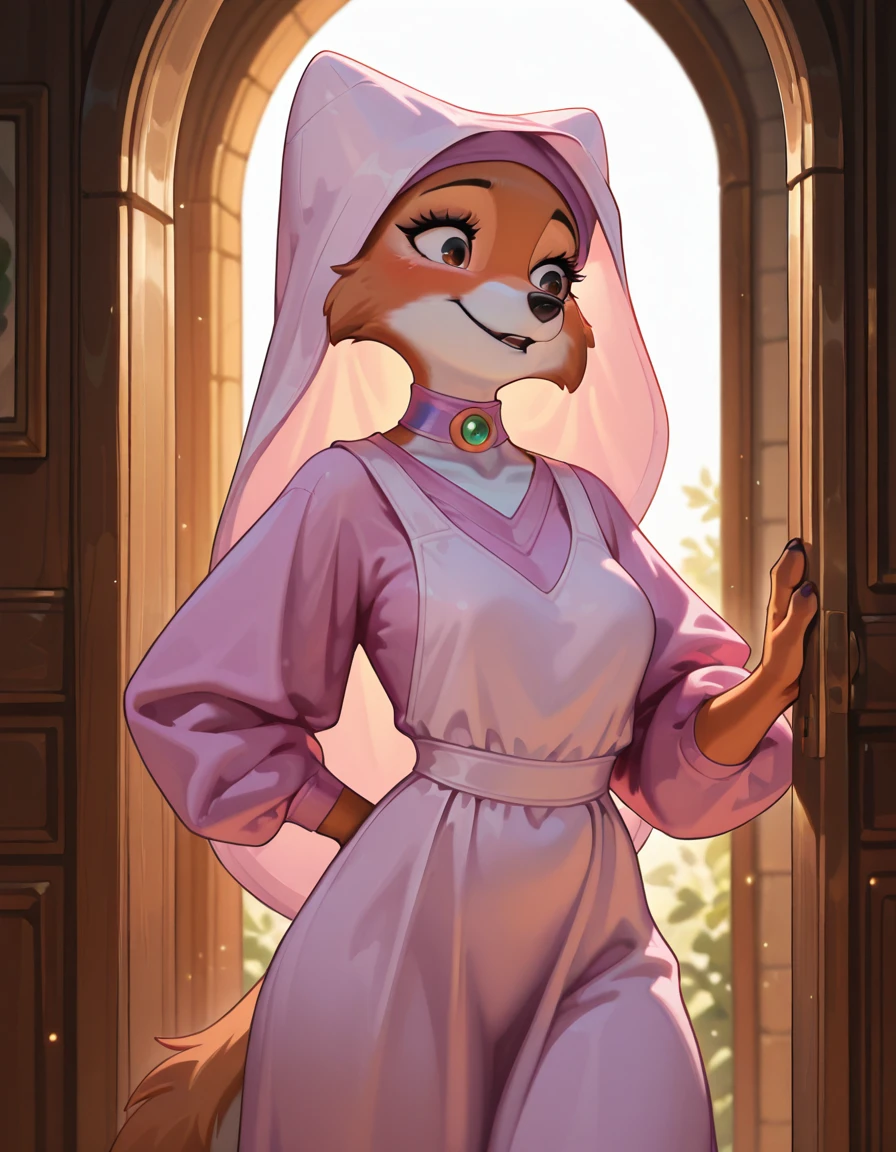 masterpiece, best quality, amazing quality, very aesthetic, absurdres, newest, <lora:Maid_marian:1>, maid_marian, 1girl, furry female, furry, standing, cowboy shot
