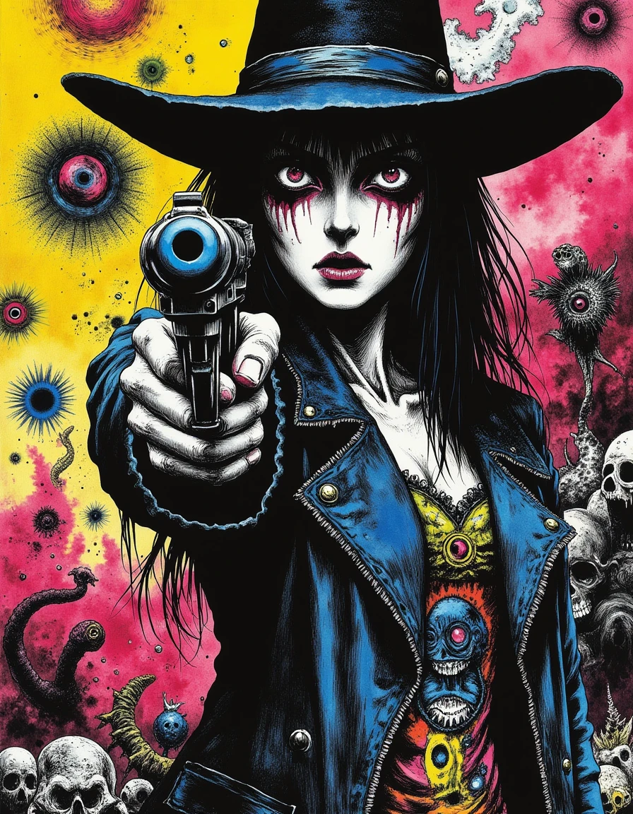 cr3z1h0rr0r a beautiful woman cowgirl pointing a gun to the viewer
<lora:Crazy_Horror:0.7>