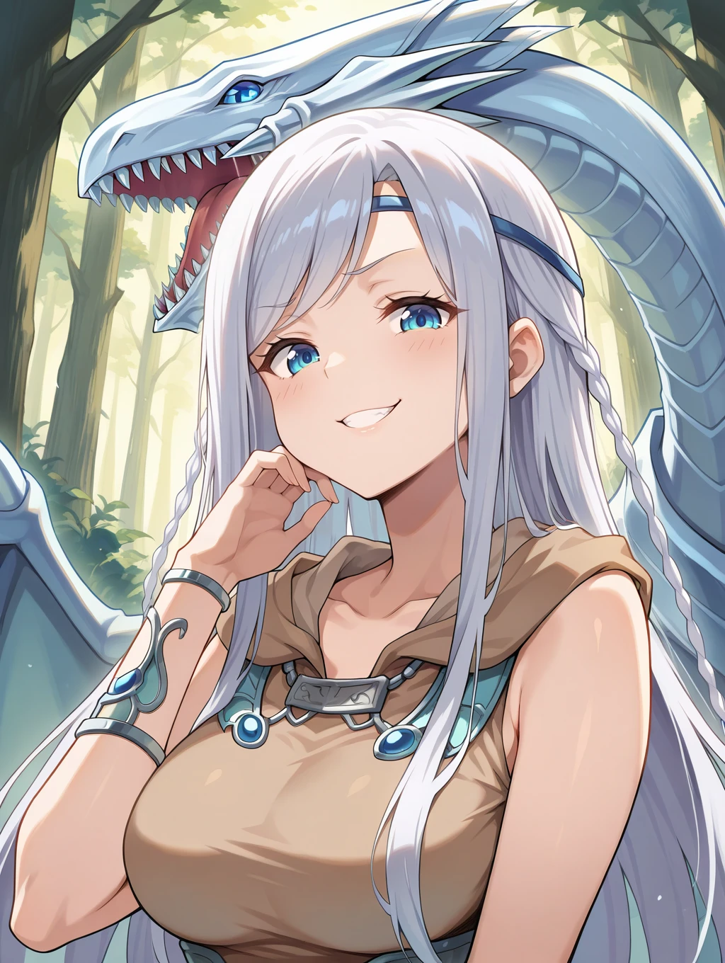 maiden with eyes of blue, 1girl, dragon, solo, silver bracelet, blue circlet, looking at viewer, upper body, blue eyes white dragon, brown dress, smug, forest, teeth
masterpiece,best quality,amazing quality,very aesthetic,absurdres,newest, <lora:Maiden with Eyes of Blue illuXL v1.11:0.7>
