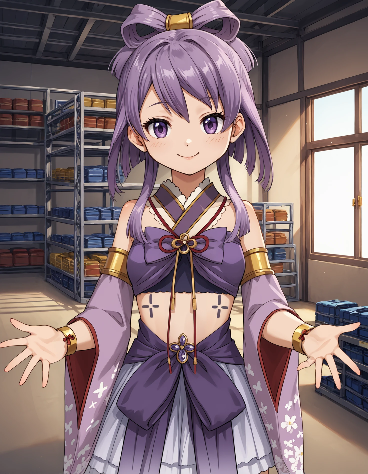 score_9, score_8_up, source_anime, 1girl, upper body, medium shot, detailed, mgrcaikahimena, purple hair, purple eyes, bow-shaped hair, yellow hairclip, red neck ribbon, purple crop top, purple belt gem, white pleated skirt, wide detached sleeves, gold bracelets, floral print, standing, wicked smile, hand outstretched, smiling, indoors, warehouse, <lora:mgrcaikahimena_XL:0.9>