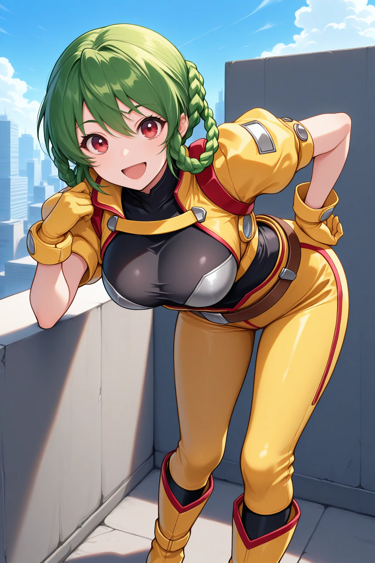 masterpiece, best quality, 1girl, solo, <lora:srtmina-illu-nvwls-v1-000006:1> srtmna, braided hair rings, green hair, red eyes, black bodysuit, yellow pilot suit, puffy short sleeves, yellow gloves, belt, yellow pants, yellow boots, looking at viewer, happy, open mouth, hand on hip, leaning forward, arm behind back, wall, city, blue sky