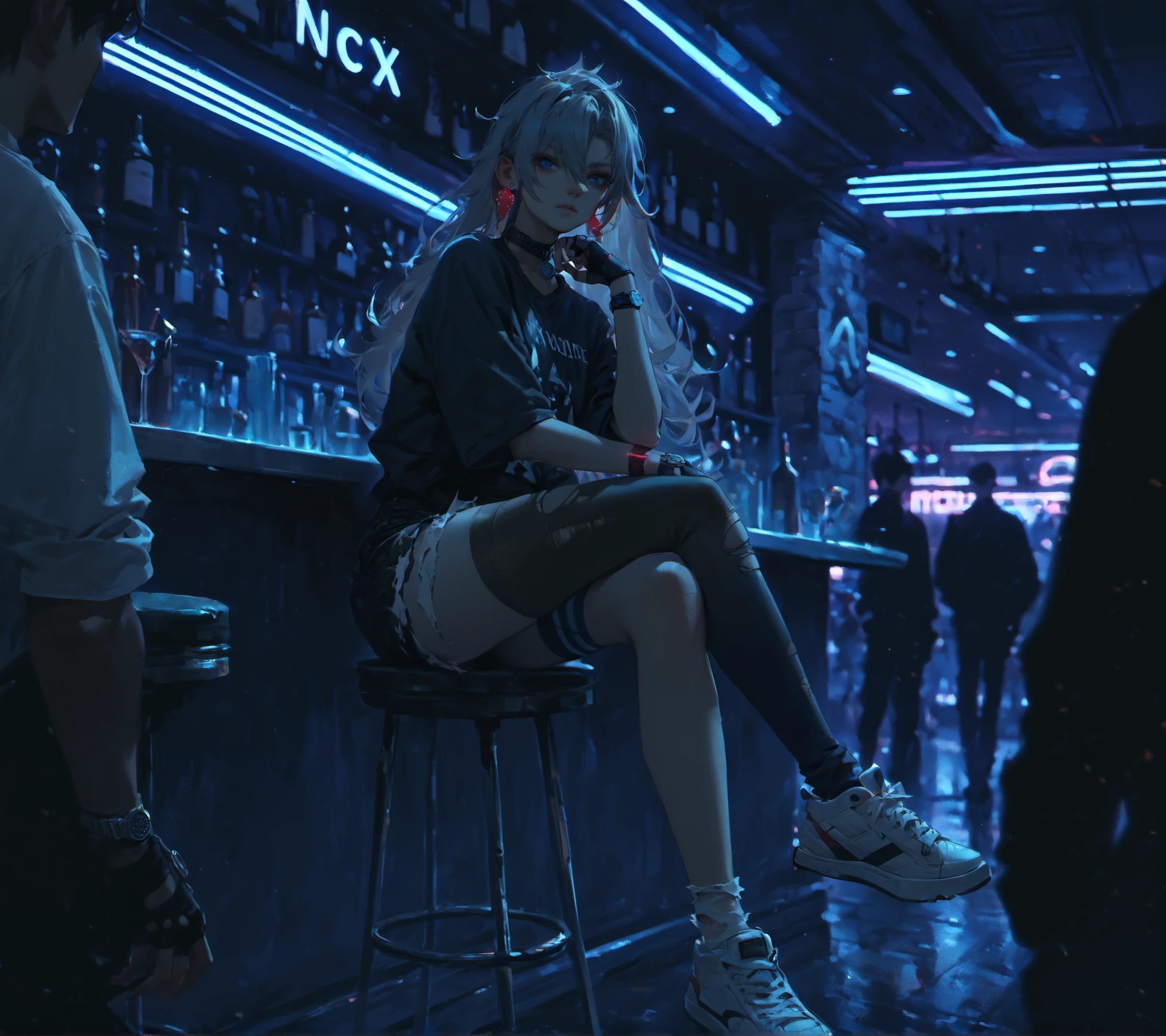 score_9, score_8, score_7_up masterpiece, high quality, embedding:zPDXL3,

1girl, crowd, bar interior, neon lights, XC-A, long hair, grey hair, bangs, blue eyes, hair between eyes, earrings, cowboy shot, looking at viewer,

goth outfit, torn shorts, black shirt, (oversized shirt:1.1), (untucked shirt:1.35), wristband, watch, collar, fingerless gloves, sitting, crossed legs, sneakers, (asymmetrical legwear:1.6),
