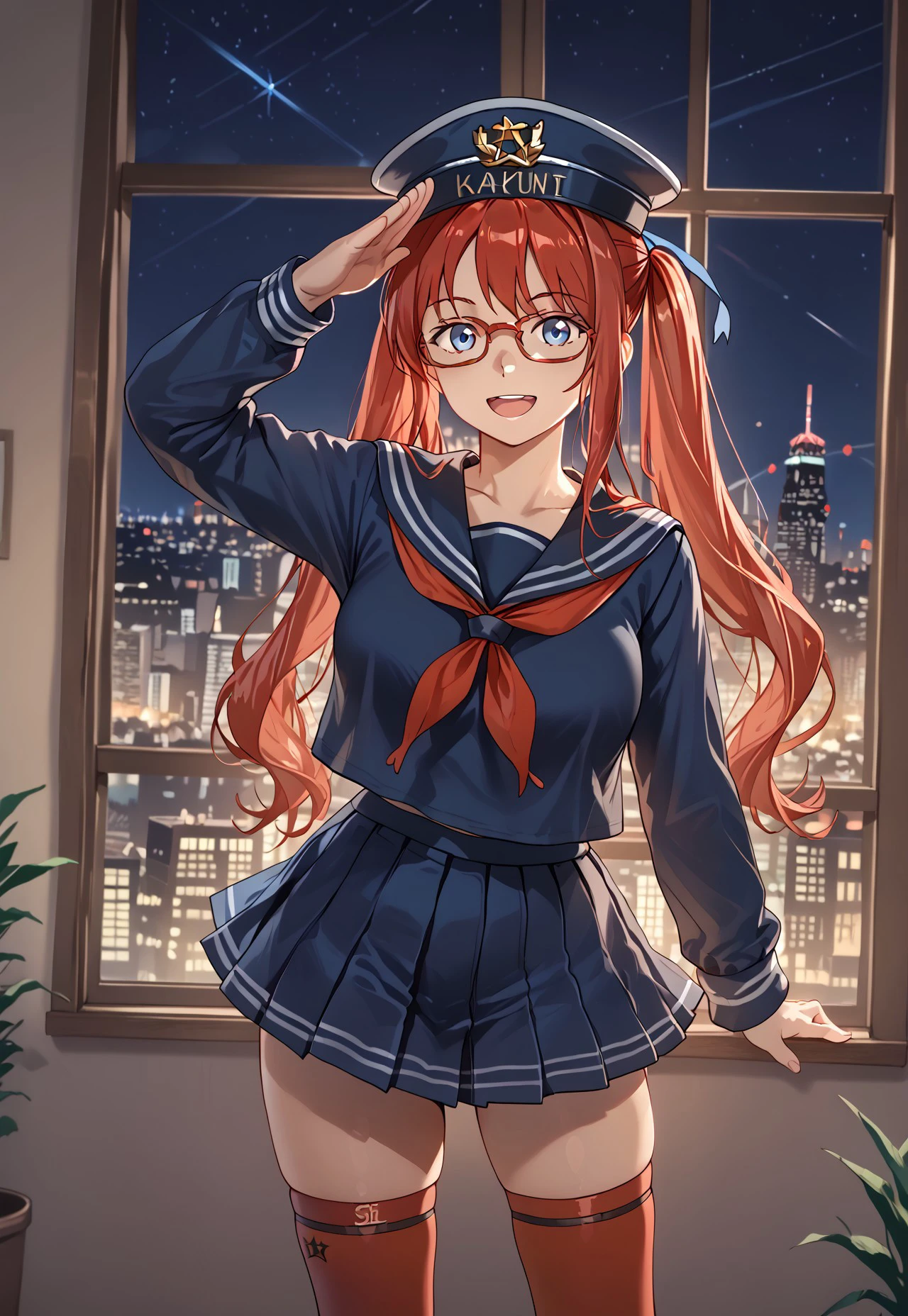 1girl, solo, solo focus, highres, absurdres, 6P62_2nd, blue eyes, red hair, sailor hat, glasses, long hair, red-framed eyewear, pleated skirt, red thighhighs, twintails, blue shirt, serafuku, under-rim eyewear, long sleeves, sailor collar, blue skirt,
looking at viewer, salute, smile, open mouth,
indoor, window, cityscape, neon lights, shade, night, night sky, dark, backlighting,