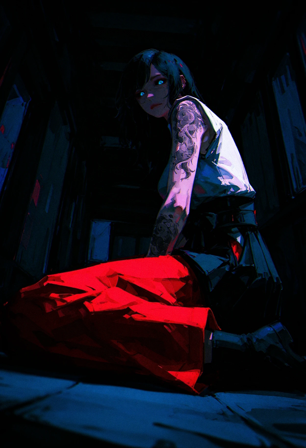 (96yottea:1.2), (kan liu \(666k\):1.1), flat color, spot color, black sclera, blue eyes, film grain, newest, very awa, masterpiece, highres, absurdres, year 2024, year 2023,
Film Still, perspective cinematic shot (long shot:1.1), (depth of field:1.1), facing viewer, from below, atmospheric perspective,
(yakuza 1girl solo :1.1), (arm tattoo:1.1),
black hakama skirt, print red hakama, wariza,
<lora:YTSKX:0.7> <lora:USNR STYLE_XL_lokr:0.6> usnr, <lora:ponyv6_noobV1_1_adamW:0.3> <lora:spo:1>