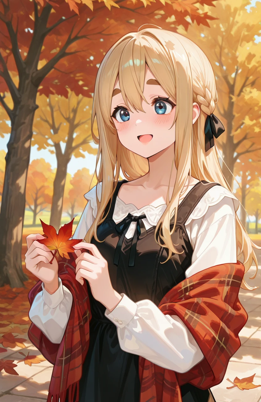 perfect quality,high quality,masterpiece,best quality,amazing quality,very aesthetic,absurdres,Cinematic Lighting,newest,Tactical use of shadow,
1girl,long hair,blonde hair,thick eyebrows,blue eyes,bangs,hair between eyes,KotobukiTsumugiCYQL,,
blurry,mapleleaf,autumnleaves,dress,shirt,holding,lookingatviewer,holdingleaf,smile,ribbon,leaf,whiteshirt,depthoffield,longsleeves,openmouth,autumn,sleevelessdress,shawl,blurrybackground,outdoors,sleeveless,blush,braid,pinaforedress,:d,plaid,upperbody,scarf,blackribbon,blackdress,blurryforeground,ribbonbraid,day,offshoulder,collarbone,plaidscarf,tree,handsup,,
usnr,748cmstyle,<lora:USNR STYLE_XL_loha:0.45>,<lora:spo_sdxl_10ep_4k-data_lora_webui:0.6>,<lora:illustrious_all_rated_v1:0.6>,<lora:748cmSDXL:0.6>,<lora:illustrious_quality_modifiers_masterpieces_v1:0.8>,<lora:kon_Illustrious by Cyql:1>,