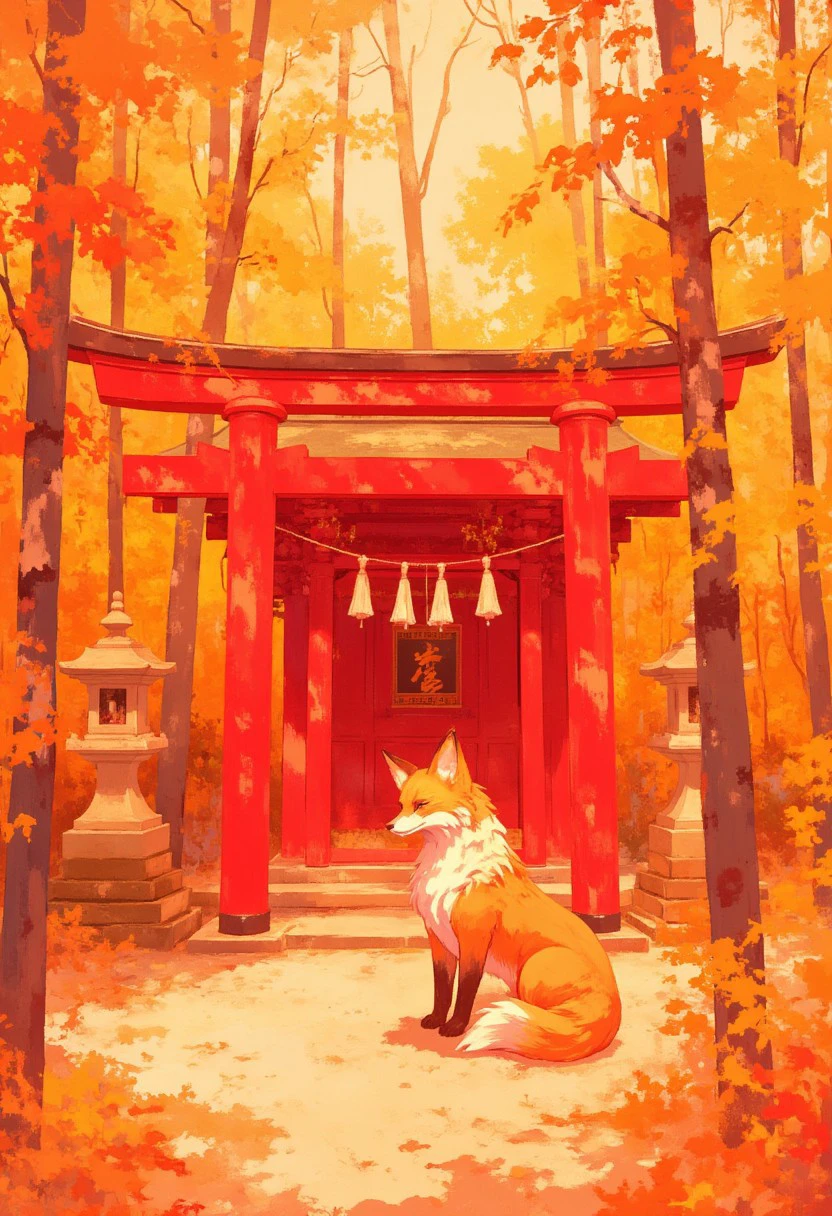 A fox sitting infront of a red japanese shinto shrine that is surrounded by a forest,soft pastel anime