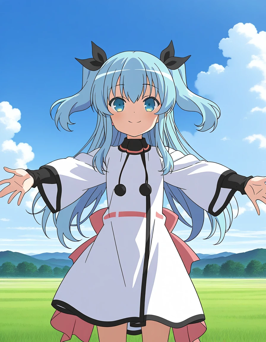 general,highres, ultra-detailed,very aesthetic,best quality ,best hands, BREAK, <lora:Noel_IS:1> Noel, 1girl,solo, long hair, blue hair, two side up, blue eyes, hair ribbon, black ribbon,bangs, 2020s (style), anime coloring,
outstretched arms, spread arms, smile, dress, cloud, sky, white dress, day, long sleeves, bow, blue sky, pom pom (clothes), closed mouth, anime coloring, outdoors, parody,
sky, grass,