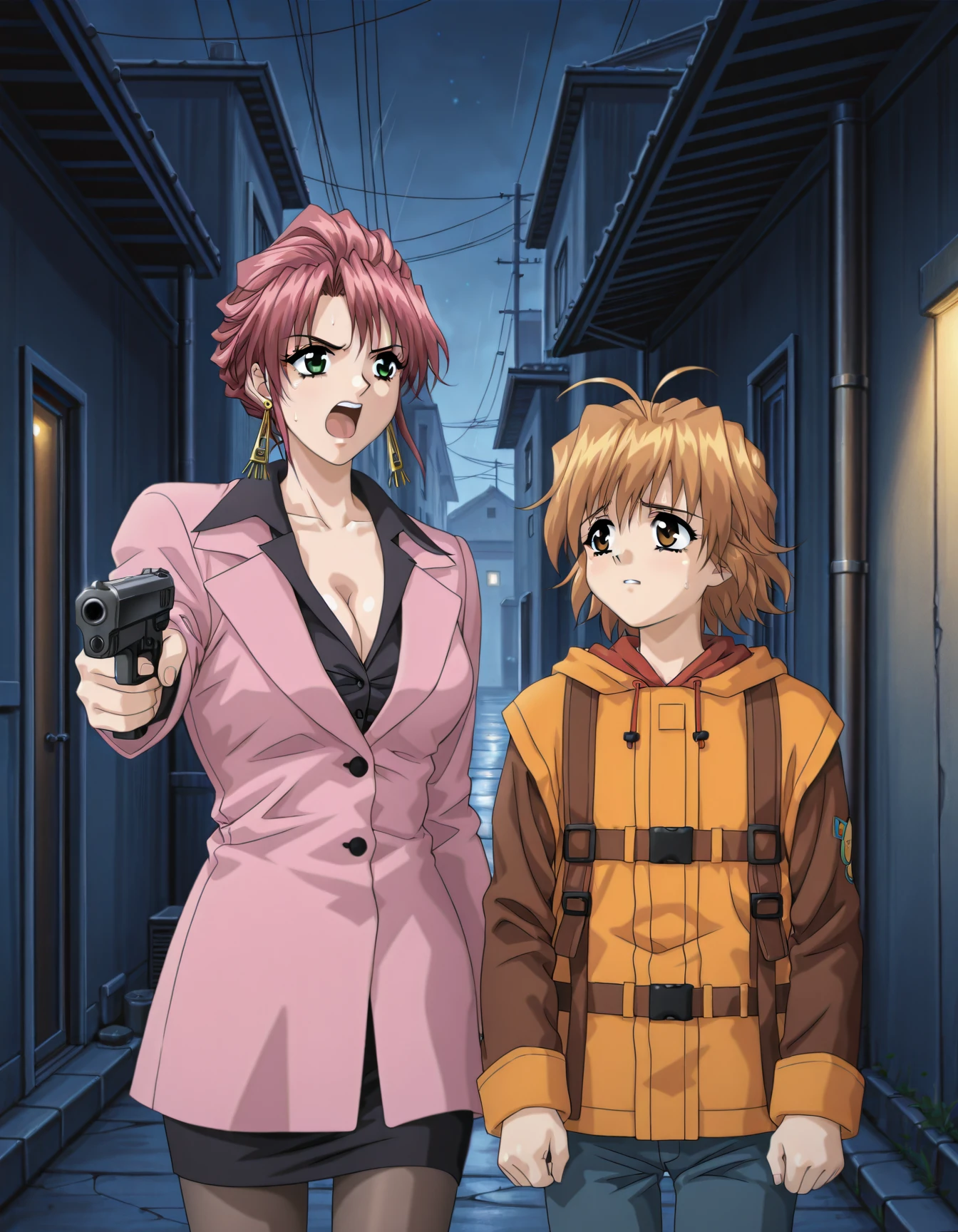 <lora:marina-yuka-illustrious-000027:0.8> 2girls, side-by-side, alley, rain, night
2girls, holding gun, handgun, aiming, dominator \(gun\), marina, skirt suit, pink suit, cleavage, black skirt, pantyhose, earrings, shouting
2girls, yuka, hoodie, orange vest, brown sleeves, umbrella, worried