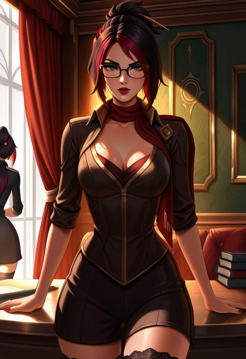 masterpiece, best quality, newest, absurdres, highres, solo, solo focus, FioraIL.V1.0 1girl, FioraheadmistressIL-V1.0, thighigs, glasses, multicolored hair, clevag,e red hair, black hair,