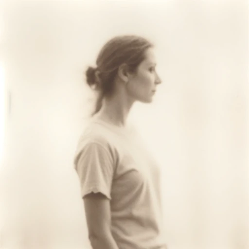 an aesthetic, minimalist depiction of a female profile in side view. she wears a t-shirt. The focus is on the soft contours and calm, monochromatic tones. The scene feels mystical and dreamy, almost as if viewed through a delicate mist, with gentle light accentuating the silhouette. The background is diffuse and creamy white, drawing attention to the elegant simplicity of the figure.