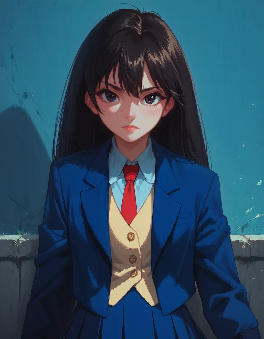 score_9, score_8_up, score_7_up, zPDXL, masterpiece, source_anime<lora:sn0wStyle:1> <lora:HKHorrorXL:1>1girl, solo, black hair, school uniform, long hair, skirt, black eyes, socks, jacket, setsuna saizuki<lora:Setsuna_Saizuki_Evil_Zone:0.8> night