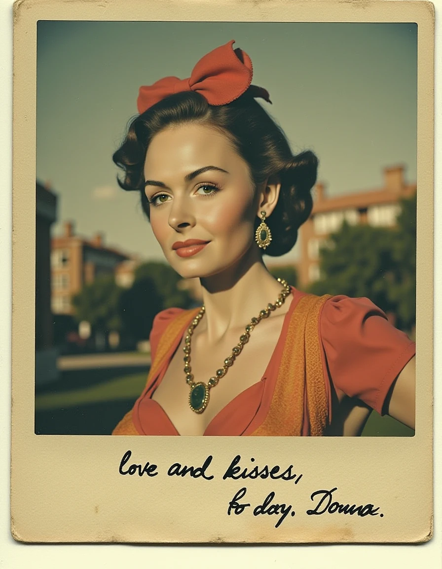 out of focus polaroid aged photo cracked yellowing writing at the bottom says in cursive sloppy "love and kisses, Donna" portrait <lora:FLUX.1-DEV_-_Wild_1960s_Fashions_LoRA:1> 1960s, fashion shoot, extravagant, colorful outfit, beautiful model <lora:donna-reed-flux:1.1>