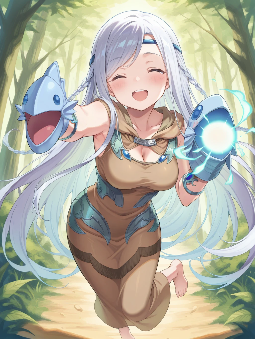 maiden with eyes of blue, 1girl, one eye closed, solo, smile, open mouth, cleavage, barefoot, forest, energy ball, brown dress, puppet gloves, , blue circlet, blush, silver bracelet, floating, aiming at viewer, 
masterpiece,best quality,amazing quality,very aesthetic,absurdres,newest, <lora:Maiden with Eyes of Blue illuXL v1.11:0.7>