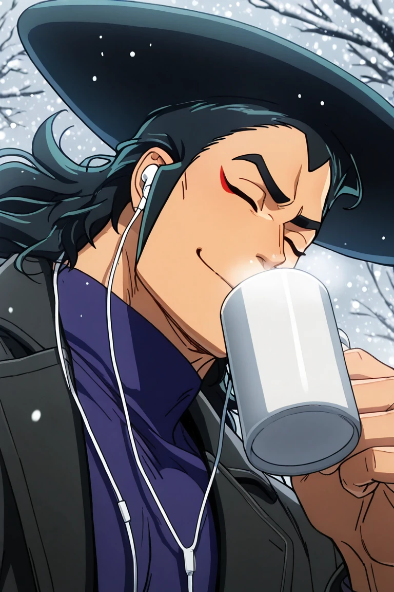 realistic shading, natural lighting, male focus, looking away, expressive happy face, kouzuki oden, black-bluish green_kouzuki oden_male long hair, red_kouzuki oden_makeup, closed eyes, 1boy, covered mouth, shiny skin, holding cup of coffee, drinking, boyfriend cosplay, earphones, white turtleneck, black open coat, outdoors snowing, from below, dutch angle, dynamic angle, dynamic action, atmospheric perspective, cinematic, intricately detailed illustration, depth of field, masterpiece, best quality, amazing quality, very aesthetic, absurdres, newest, anime screencap