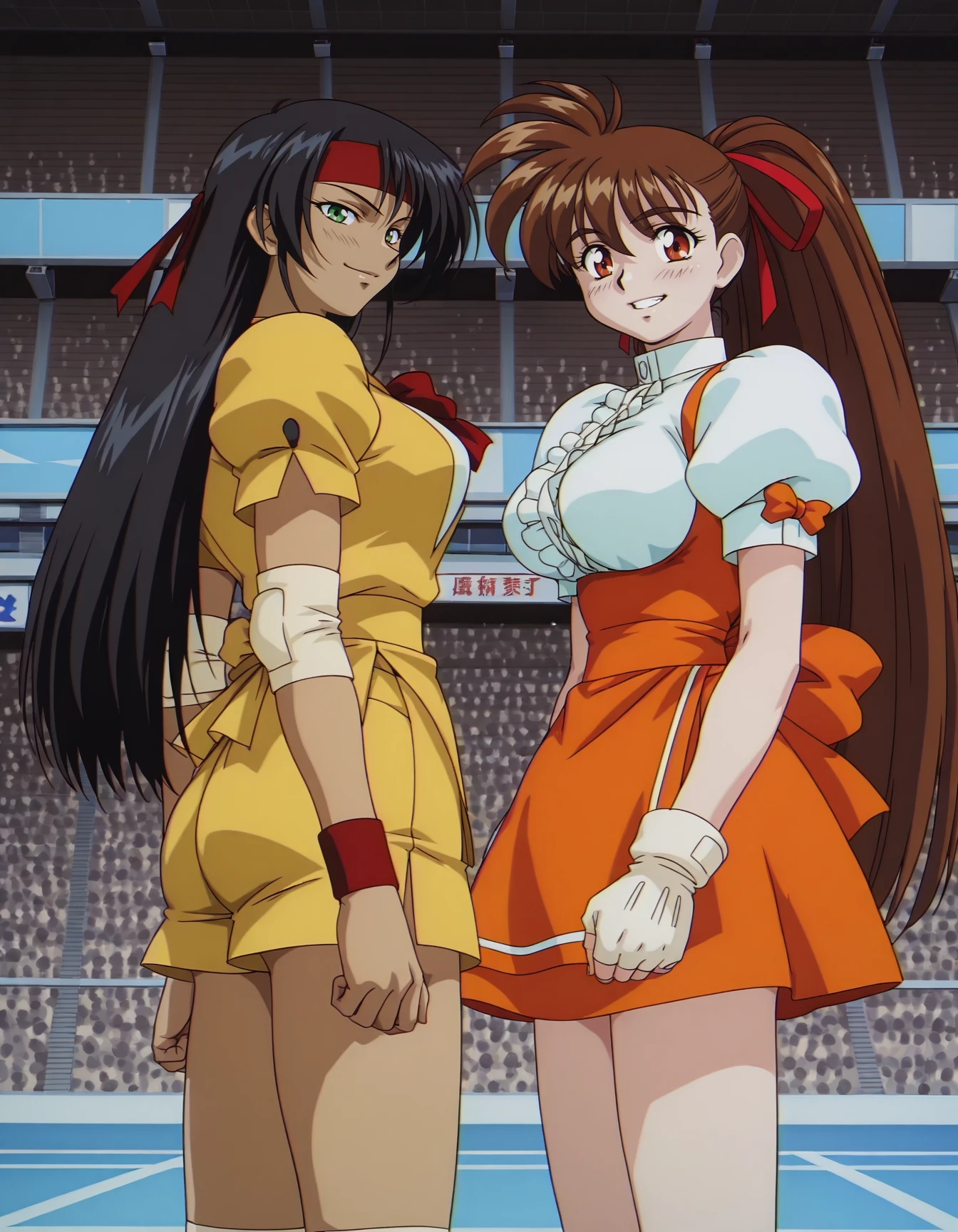 <lora:variable-geo-ova-illustrious-000010-v2:0.9> 2girls, from side, looking at viewer, arena, from below
kubota jun, headband, elbow pads, yellow puffy sleeves, smile
takeuchi yuka, hair ribbon, fingerless gloves, underbust, frilled shirt, orange skirt, grin